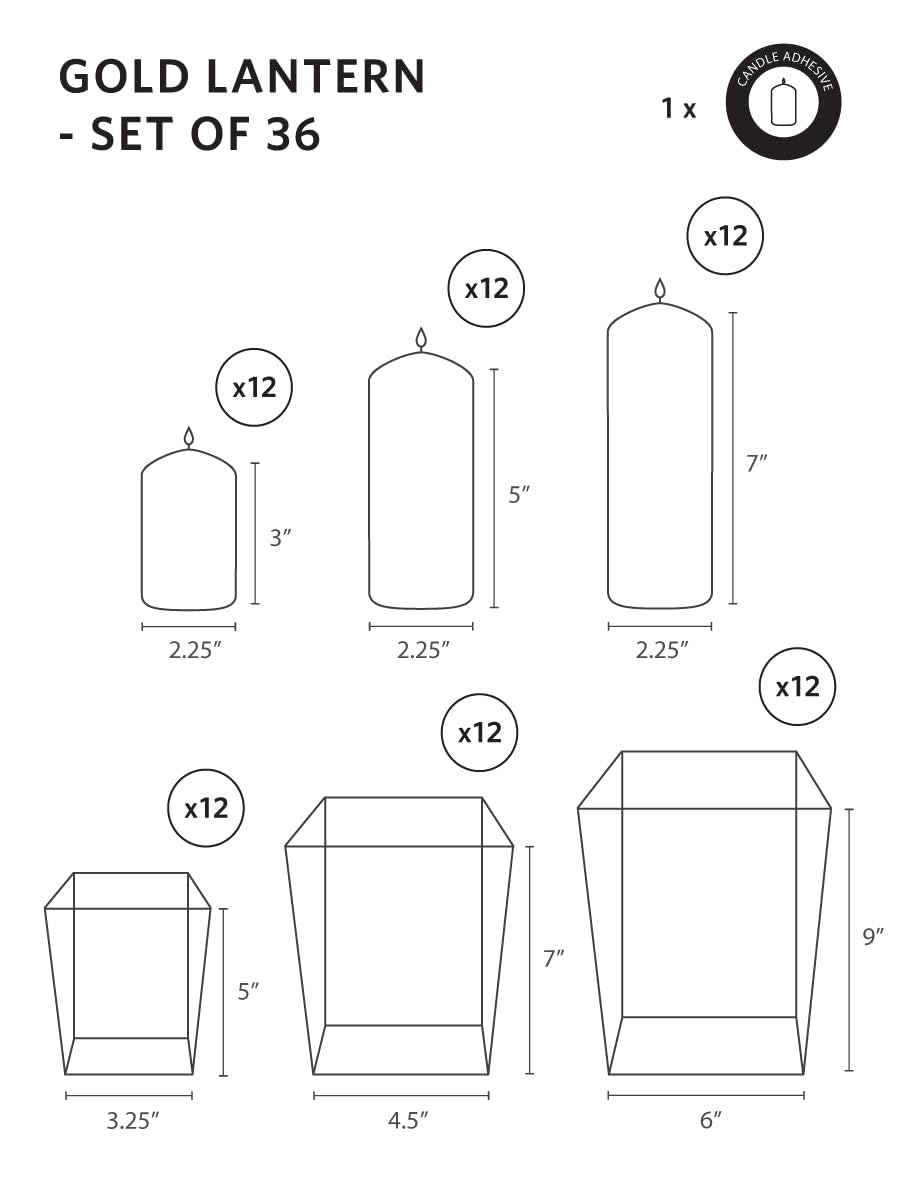 Yummi Set of 36 Slim Pillar Candles & Gold Luxus Lanterns - Antique Beige