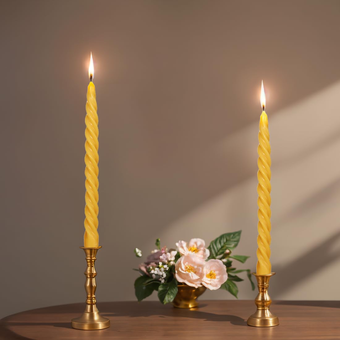 Natural Beeswax Spiral Taper Candles Bulk -12 pcs - Organic Dripless Long Candle Sticks for Dinner Wedding Party Christmas Home Decorations - 10 Inch Tall - Yellow