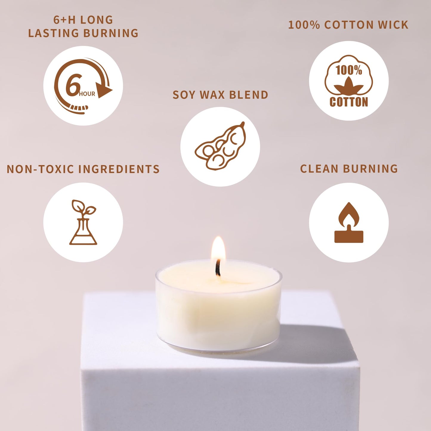 6 Hour Soy Tea Lights Candles 50 Pack, Unscented Long Burning Tea Lights Bulk, White Small Votives-Burn Clean, Non-Paraffin Soy Candles for Wedding Party Centerpiece