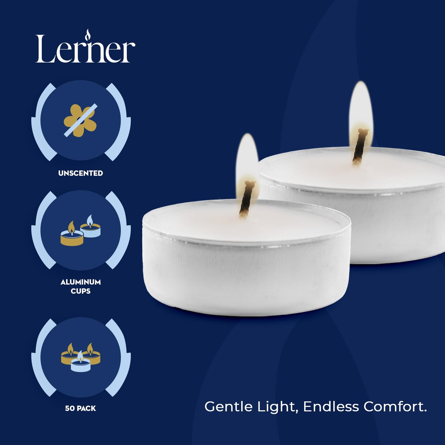 Lerner Tealight Candles, 100 Count| 4.5 Hours Long-Burning White Tea Light Candles| Non-Toxic, Smokeless & Soot-Free Tea Light Warmer Candles | Unscented Party, Décor, Shabbat Tea Candles