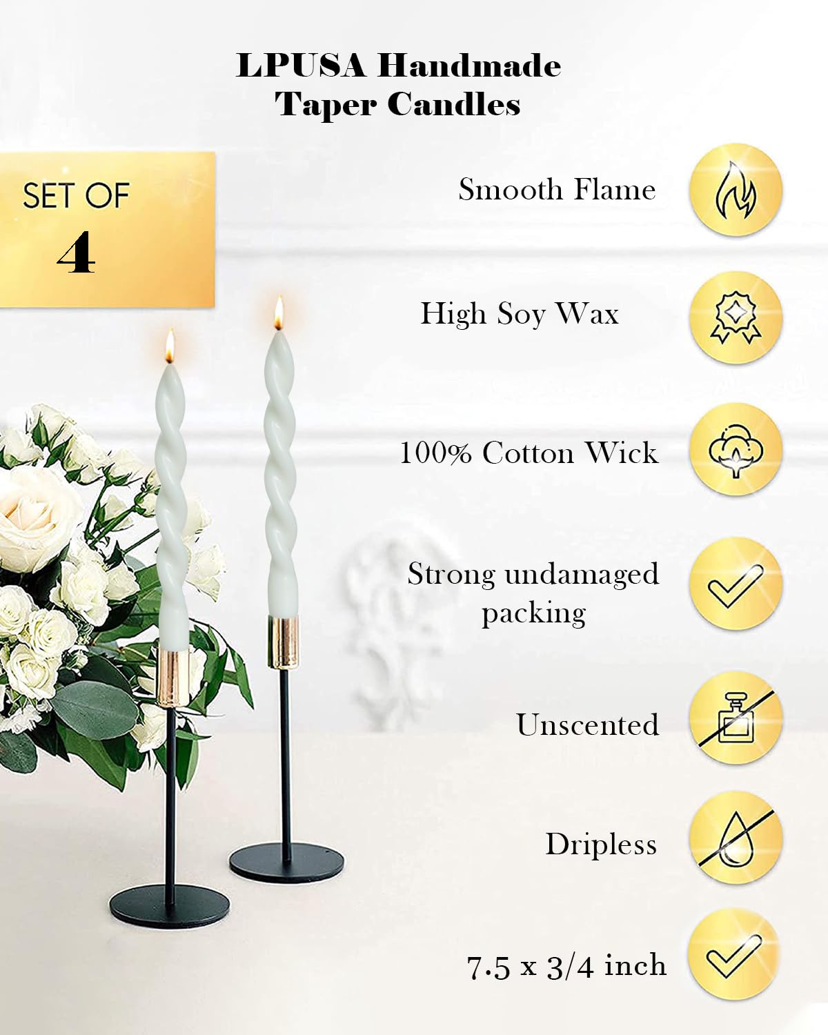 White Short Taper Candle Unscented Smokeless Spiral Twisted Candlesticks for Holiday Dinner Party Christmas Decorations-7.5inch-4pack