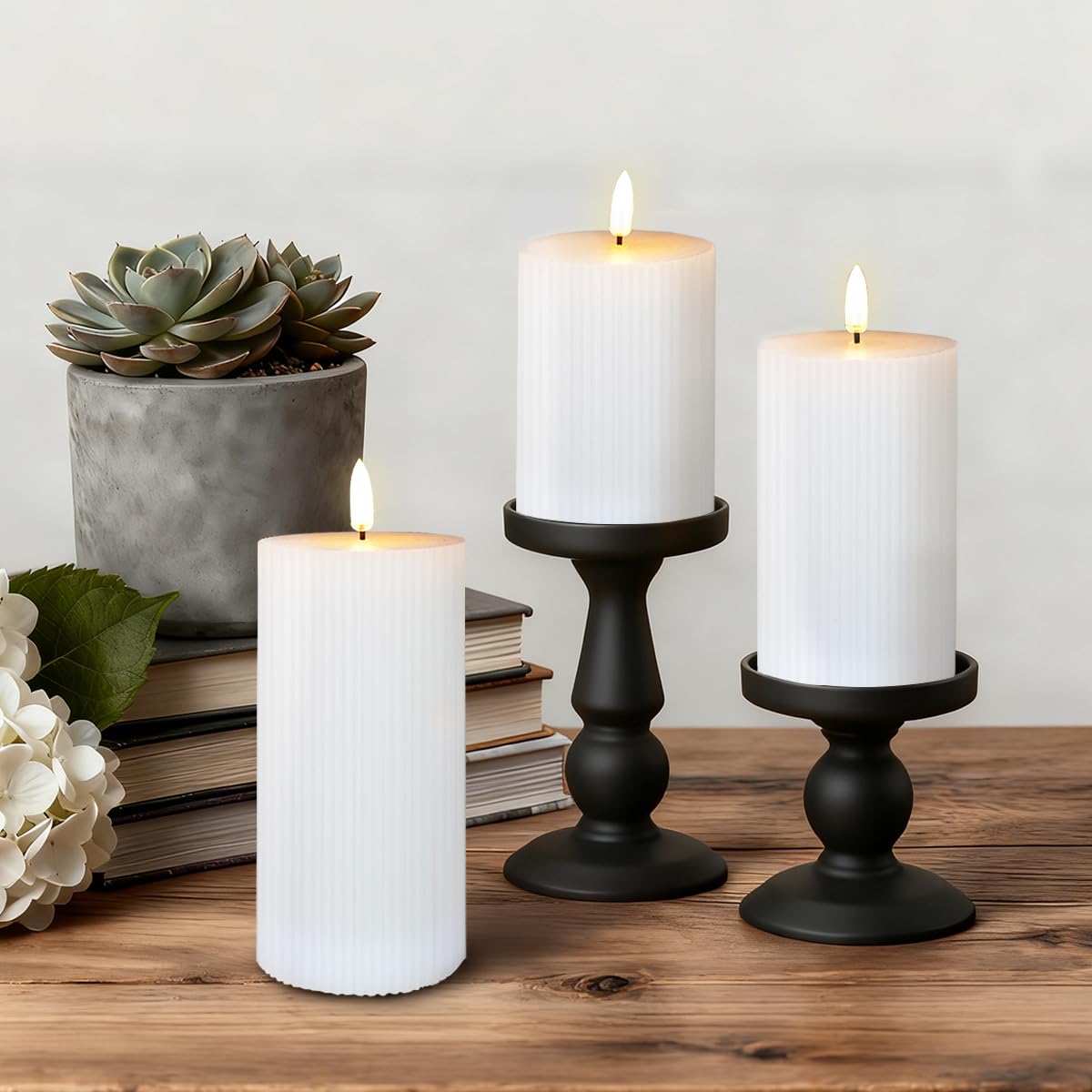 LEDHOLYT Rechargeable Flameless LED Pillar Candles–Luminous Real Wax Indoor Home Decor–Set of 3, Realistic Flickering LED Flame,Remote & Timer, USB-Rechargeable(White)