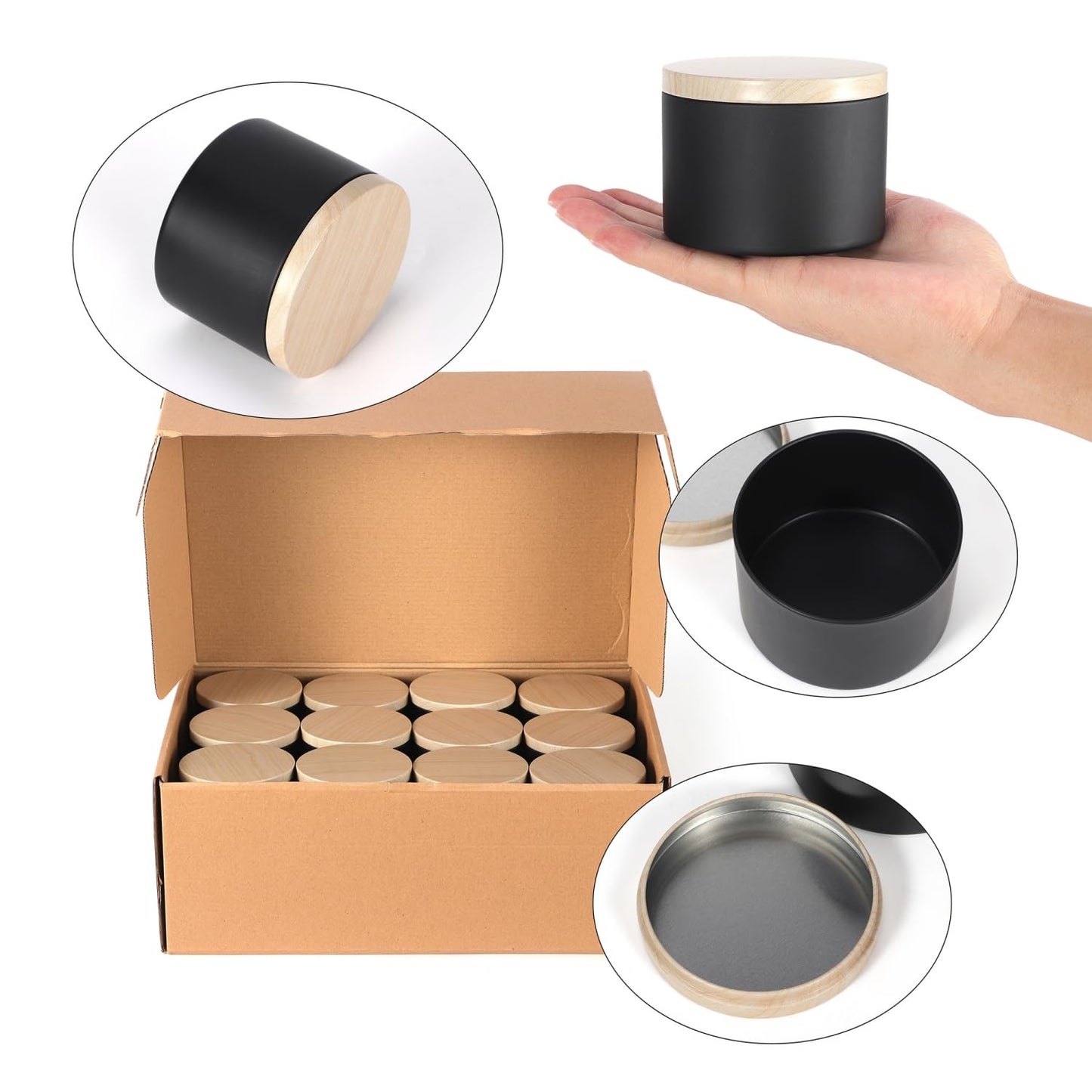 SONVIIBOX 24 PCS 4oz Candle Tins, Black tins with Wood-Grain Metal lids,Candle Jars for Making Candles Bulk,4 oz Candle Jars,Tin Jars for Candle Making (4OZ, Black)