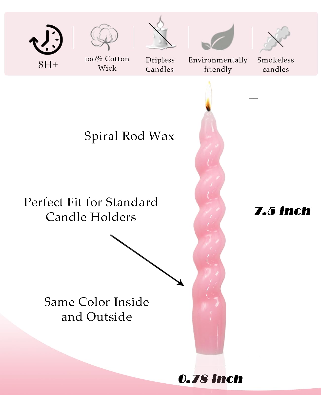 LPUSA Pink Spiral Taper Dinner Candles Conical Stick Candles Wax Unscented Dinner Candle Dripless for Home Decor, Relaxation Set of 4(7.6" Baby Pink)