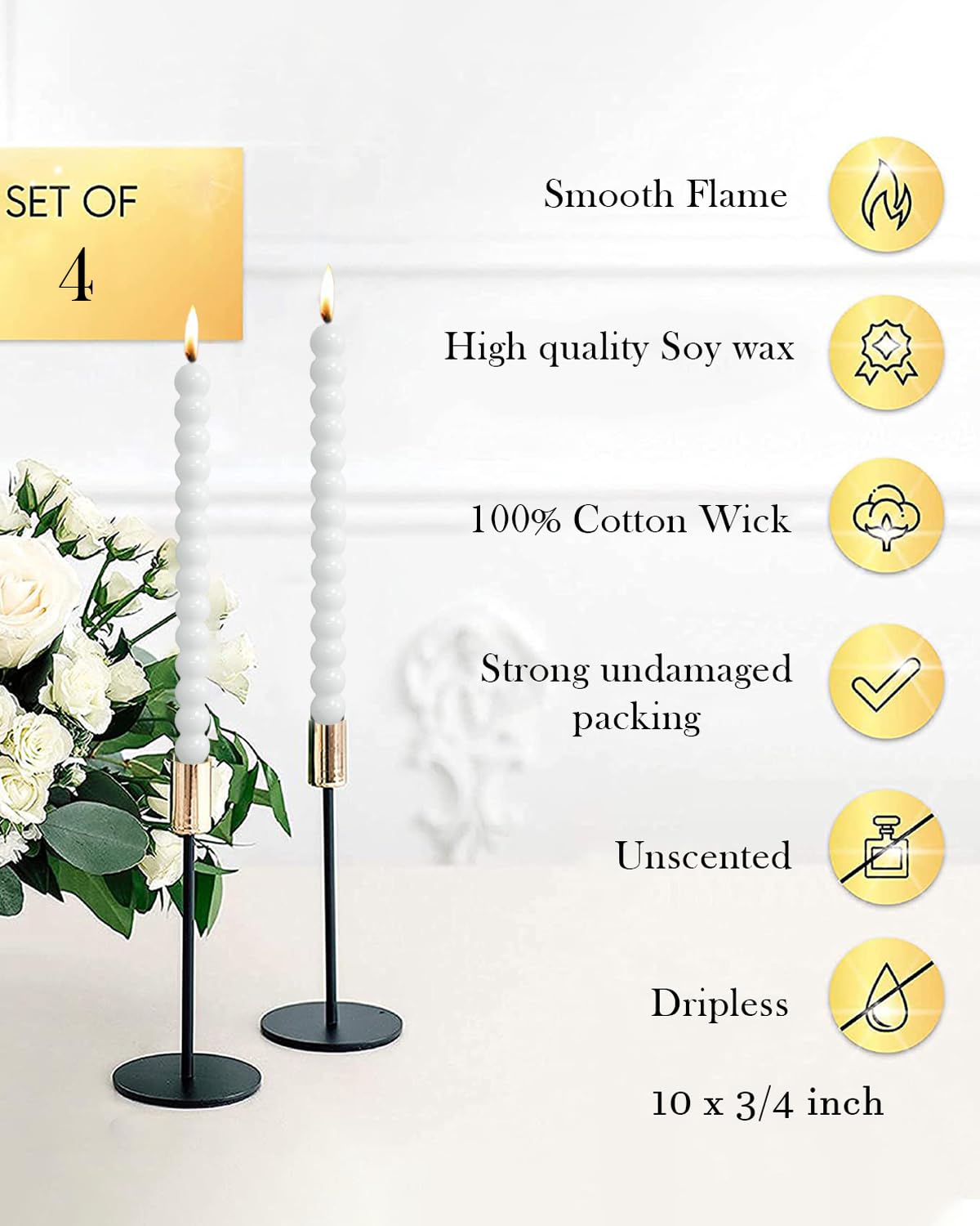 LPUSA White Spiral Taper Candles Twisted Candle Conical Stick Candles for Holiday Wedding Party Wax Unscented Dinner Candle Dripless,Christmas Gift H 10 Inch, 4pcs(White-C)