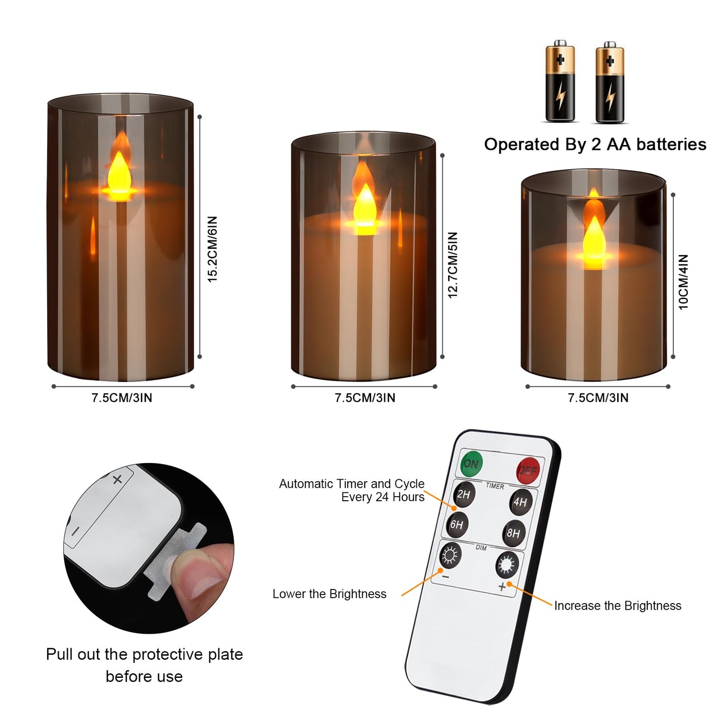 Flameless Candles 4" 5" 6" Acrylic Glass Pillars 3" Diameter Battery Operated Flickering Candles Include Remote with 24Hour Timer Function 400+ Hours by 2 AA Batteries (Gray, Warm Light 9 Pack)