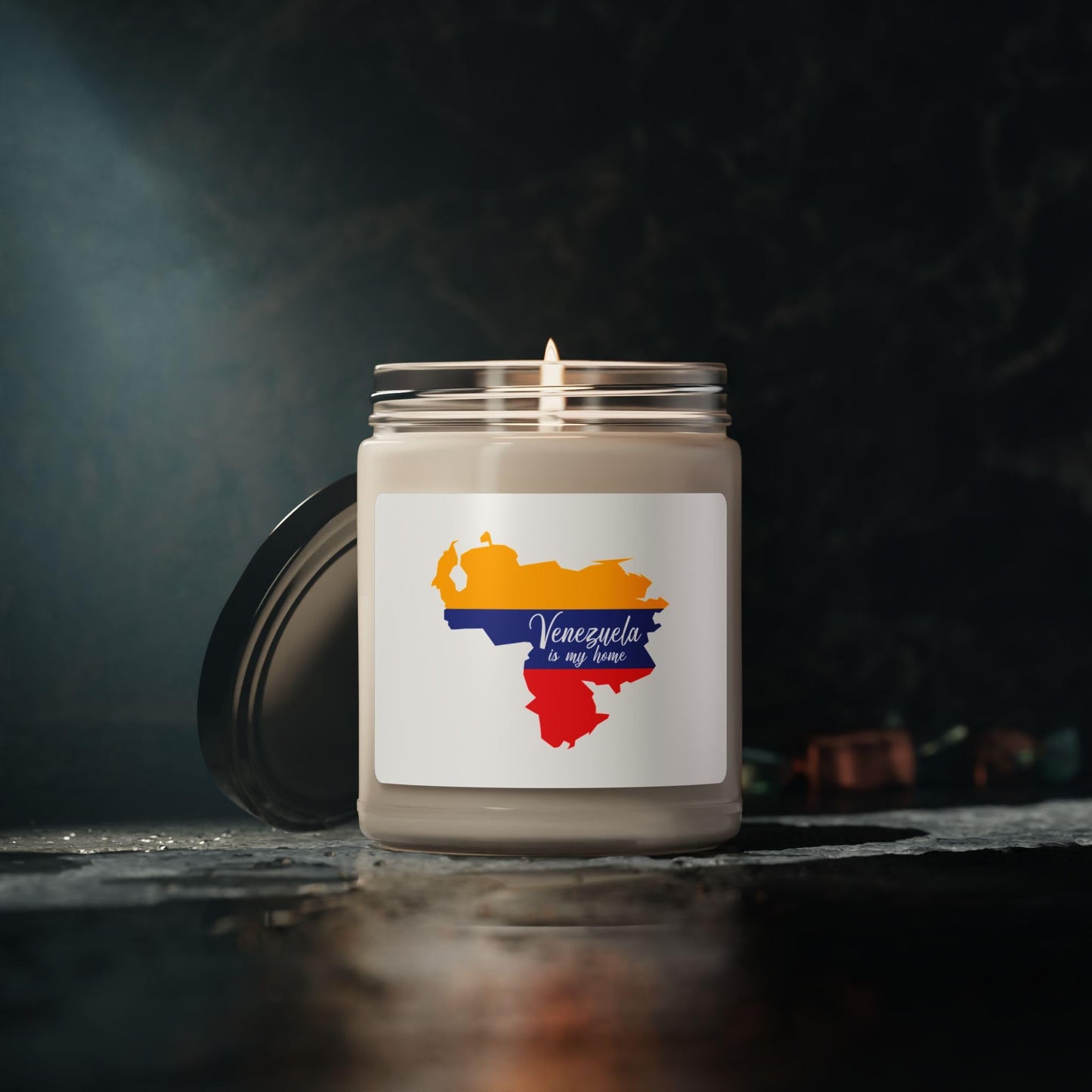 Venezuela is My Home Candle โ Glass Jar with Flag-Colored Map & Script, Gift of Latin Pride & Identity