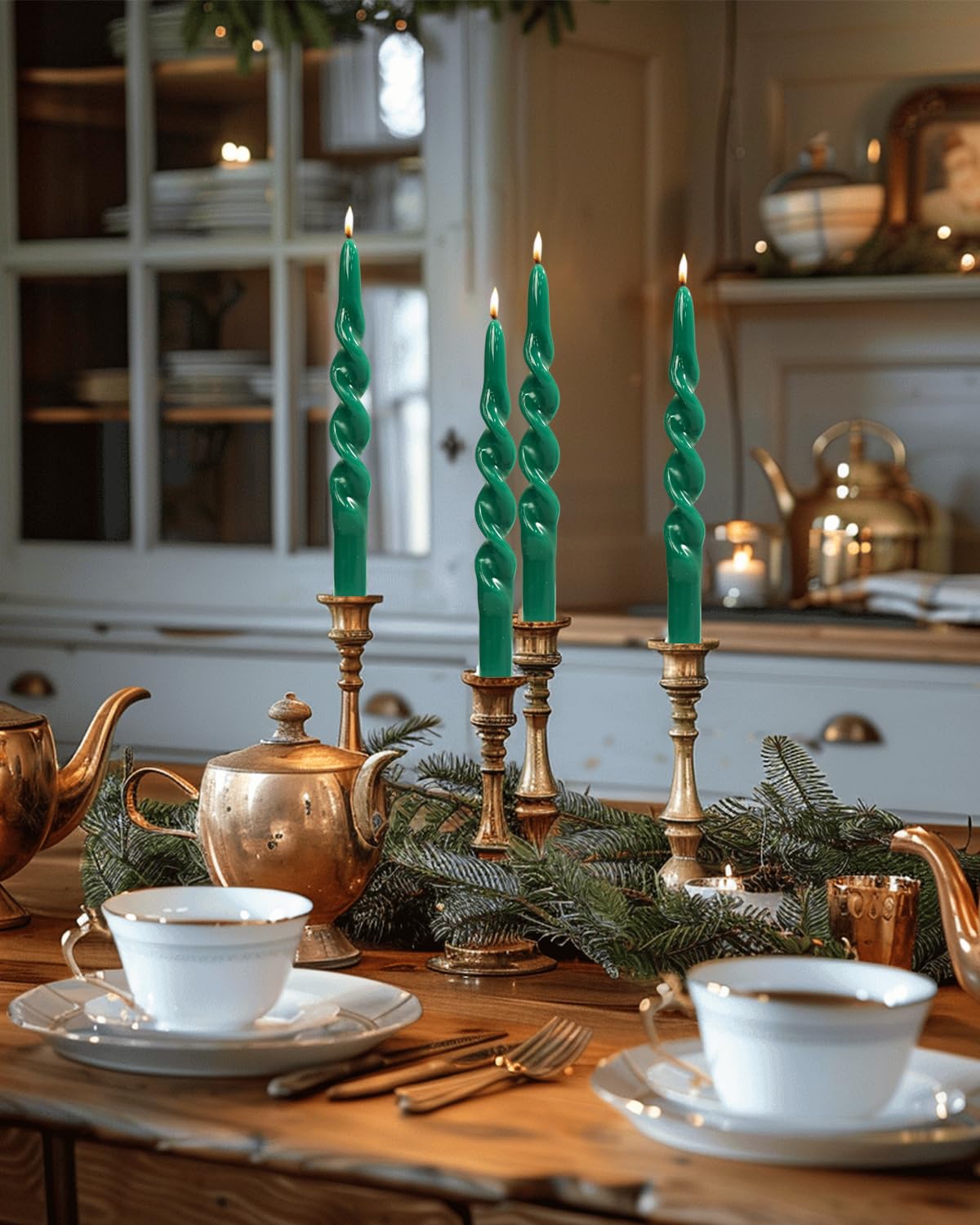 LPUSA Green Tall Taper Candles Stick Dripless Unscented Dinner Spiral Candle for Holiday Wedding Party Wax Unscented Dinner Candle Dripless,Christmas Gift H 10 Inch, 4pcs(Dark Green-C)