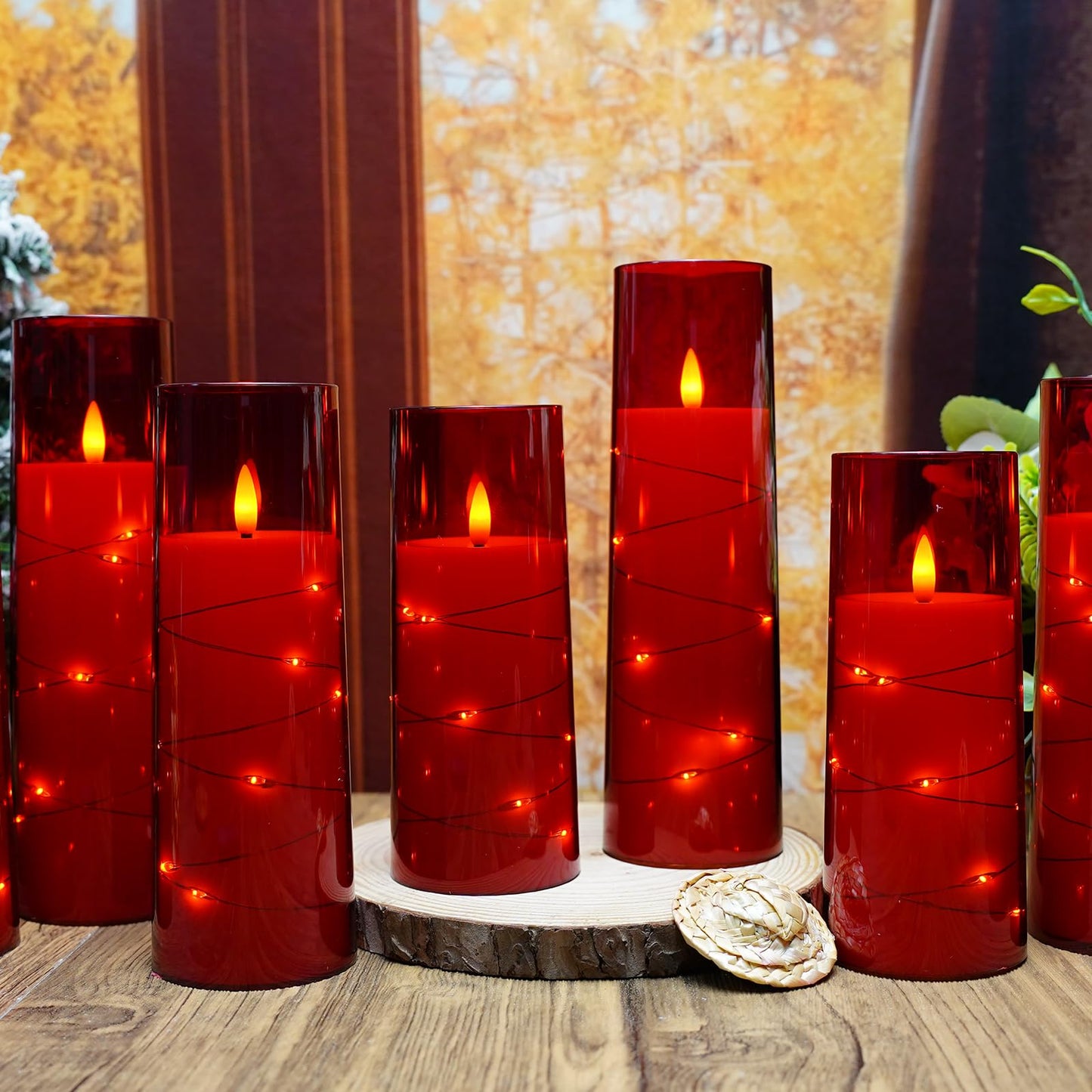 kakoya Flameless LED Candles with Timer 9 Pc Flickering Flameless Candles for Romantic Ambiance and Home Decoration Stable Acrylic Shell,with Embedded Star String,Battery Operated Candles(Red)