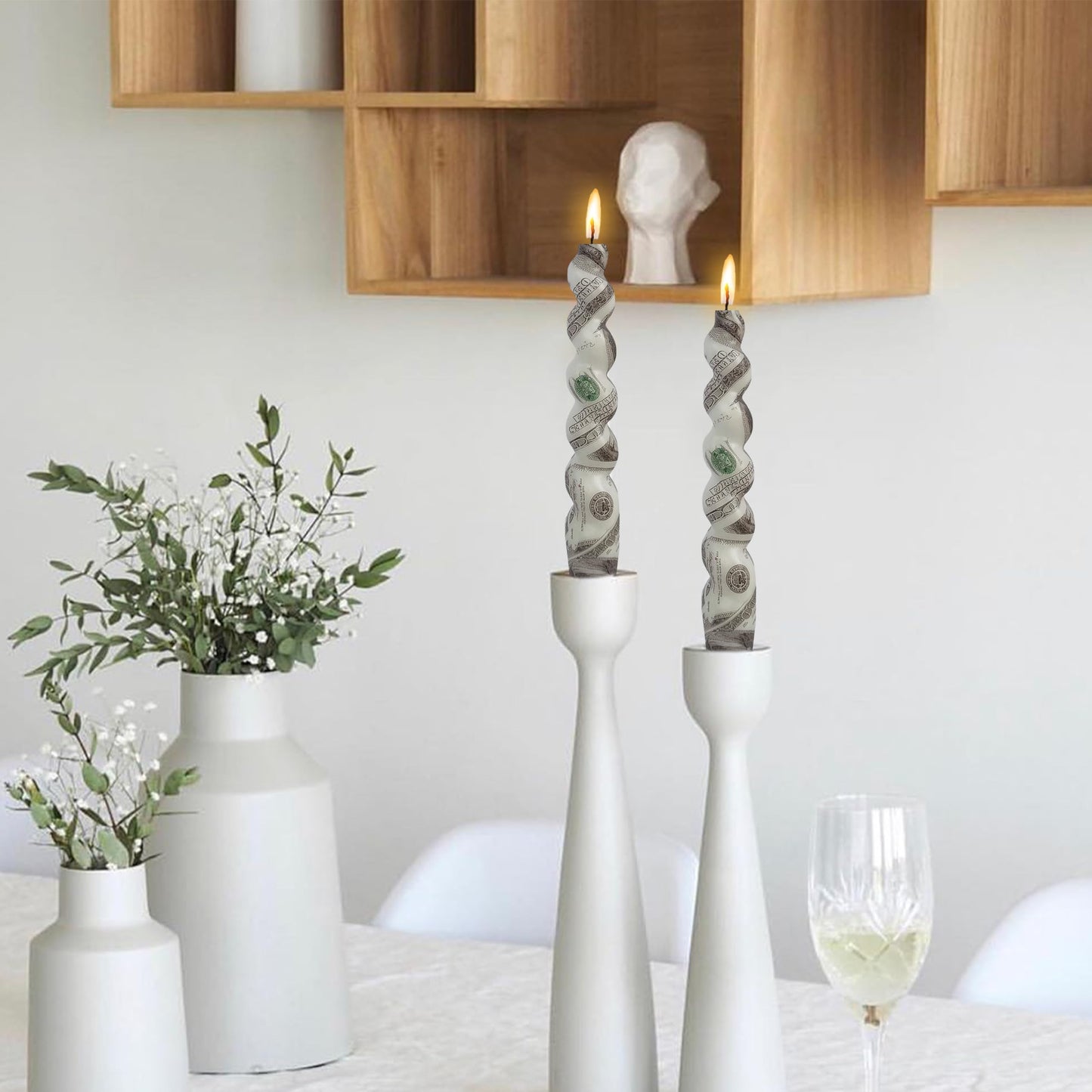 Dollar Printed Candle Stick Handmade Twisted Smokeless Spiral Candle 7.5 in Twisted Tapered Candles for Home Wedding Dinner Holiday Party(2 Pcs