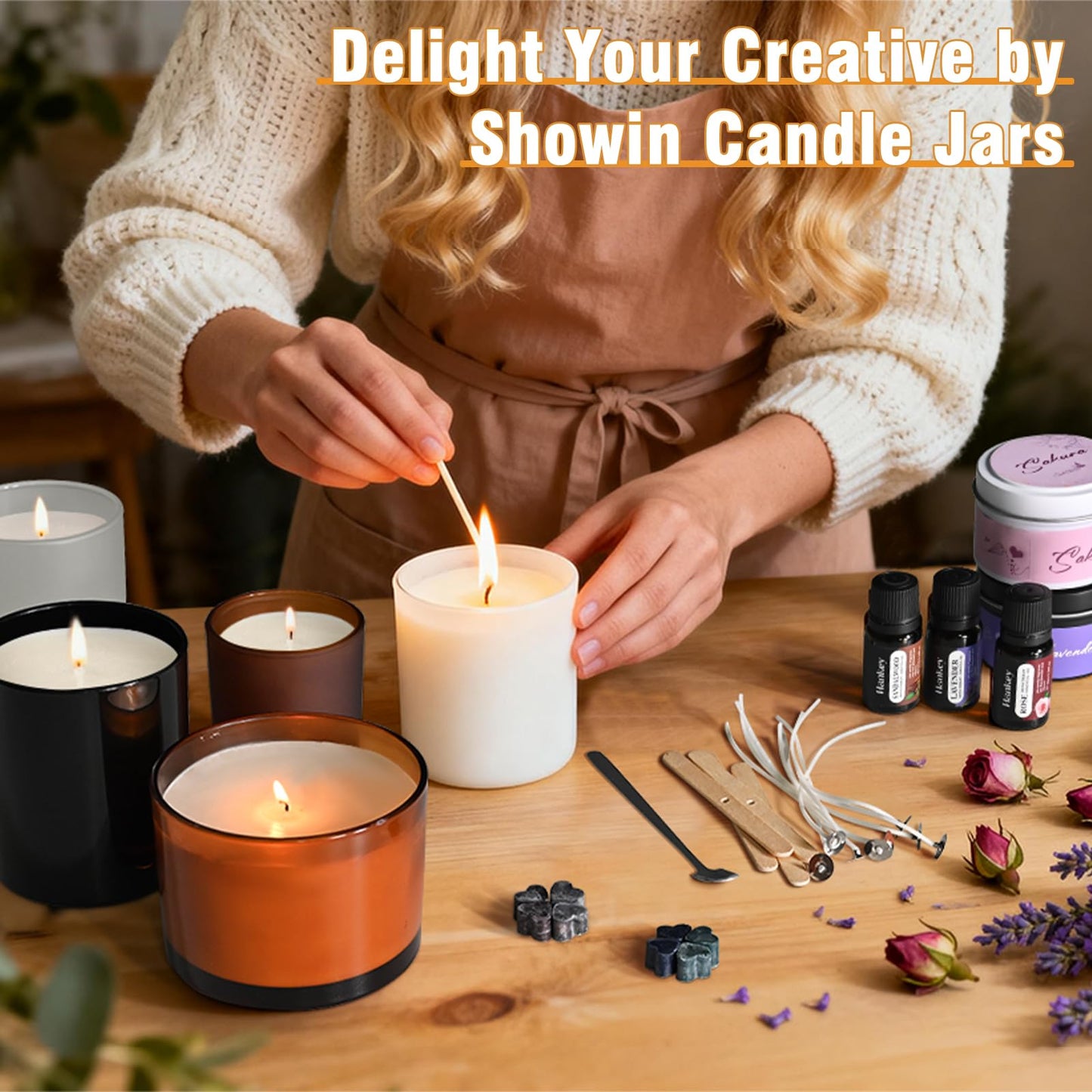 SHOWIN Thick Candle Jars for Making Candles 20 Pcs,10 OZ Empty Jars with Wood Lids for Candle Making, Sample Container, Frosted White