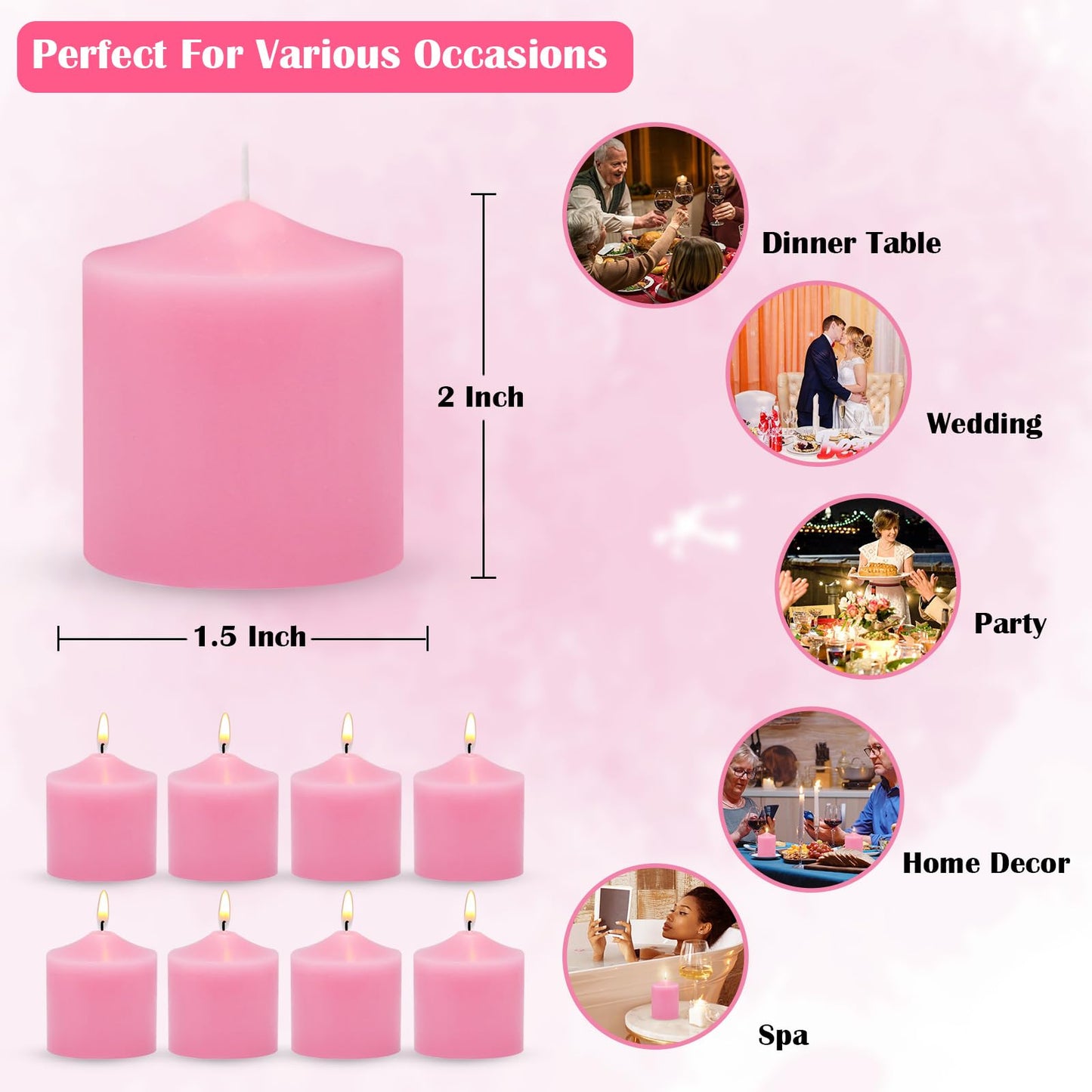 Pink Votive Candle,Box of 24, Unscented Wax, Small Pillar Candles10 Hour Burn Time,for Wedding, Birthday, Party, Spa, Holiday & Home Decoration