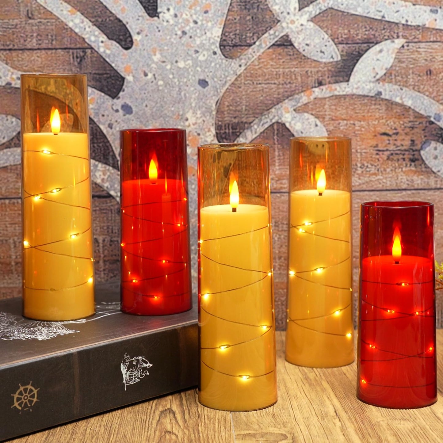 Eebuss Flameless Candles with Embedded Star String, Battery Operated LED Pillar Candles with Timer and Remote Control,Home Decorating for Ambiance, Set of 7 (Red)