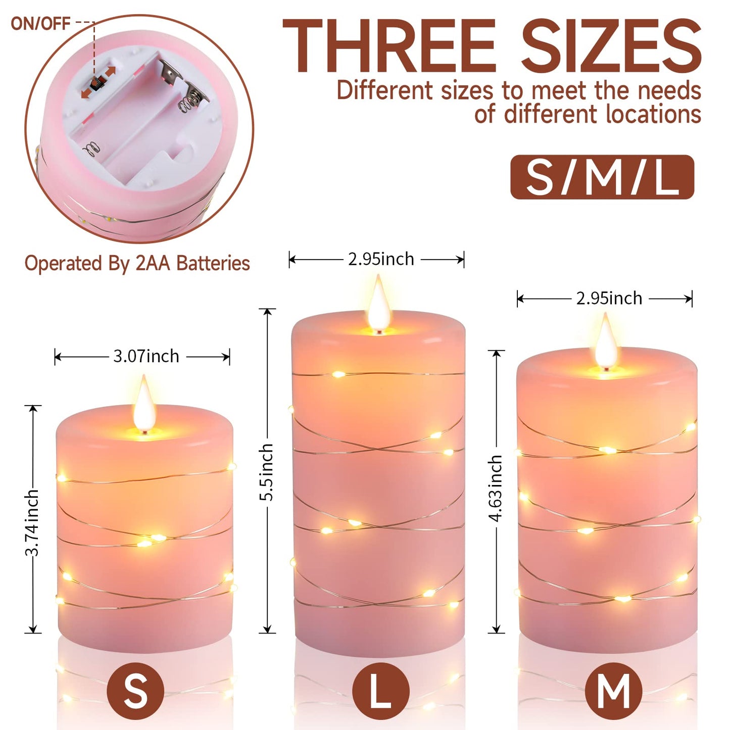 Upinmz Flickering Flameless Candles with Embedded String Lights, Battery Operated Candles with Remote Control and Timer,LED Candles for Home Decoration,Real Wax, 3 Pack Pink