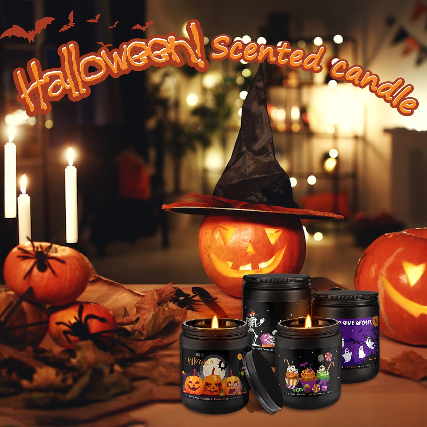 Grcdoyvl Halloween Scented Candles Set of 4 (7oz Each) β Spooky Aromatherapy Soy Wax Candles with Bat & Ghost Designs, Smokeless for All Saints' Day, Home Decor & Festive Gifts