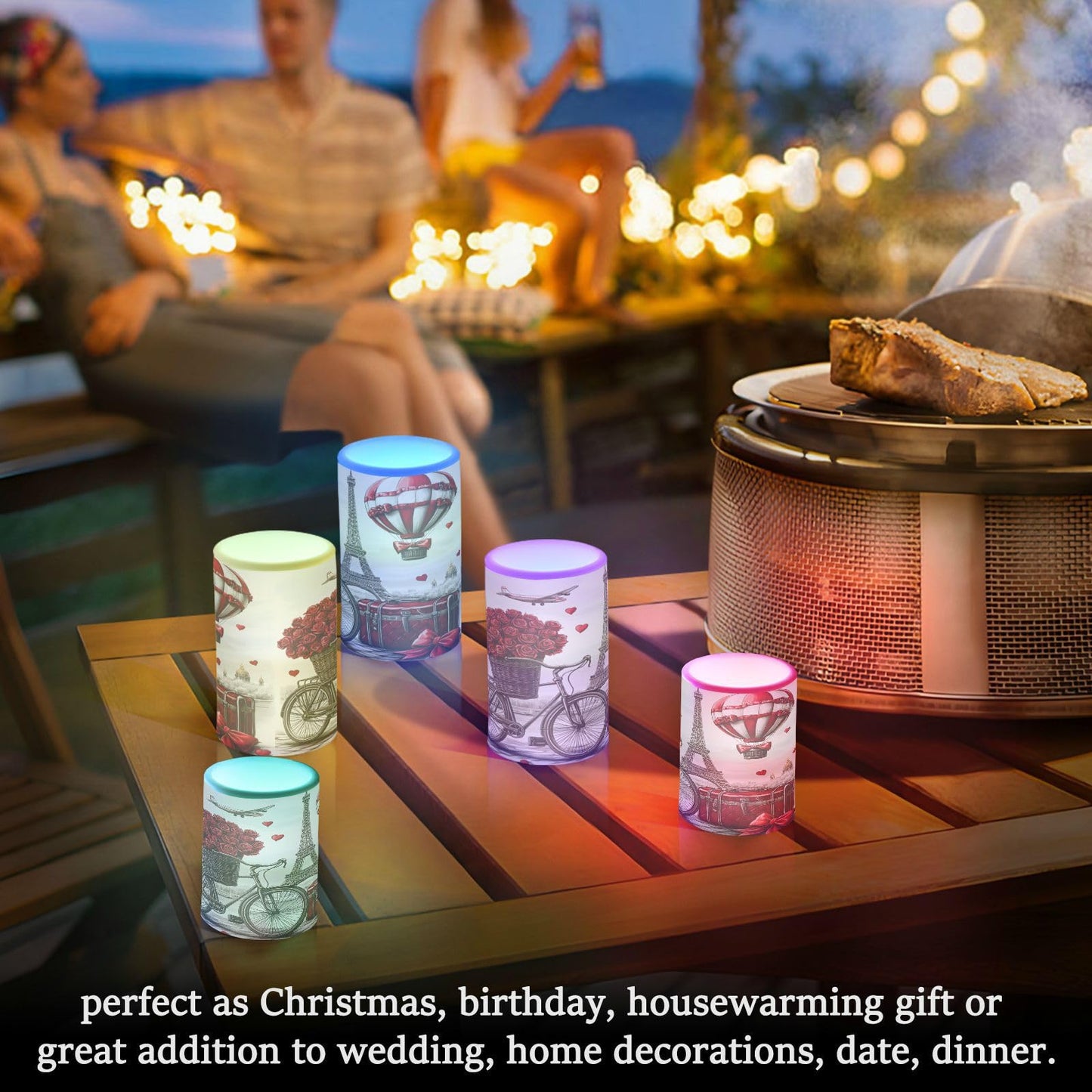 ALAZA Hot Air Balloon Paris Tower Rose Flickering Flameless Candles Battery Operated with Remote Timer,Tea Light Candles LED Pillar Votive Candles Set of 2 for Outdoor Indoor Decorations