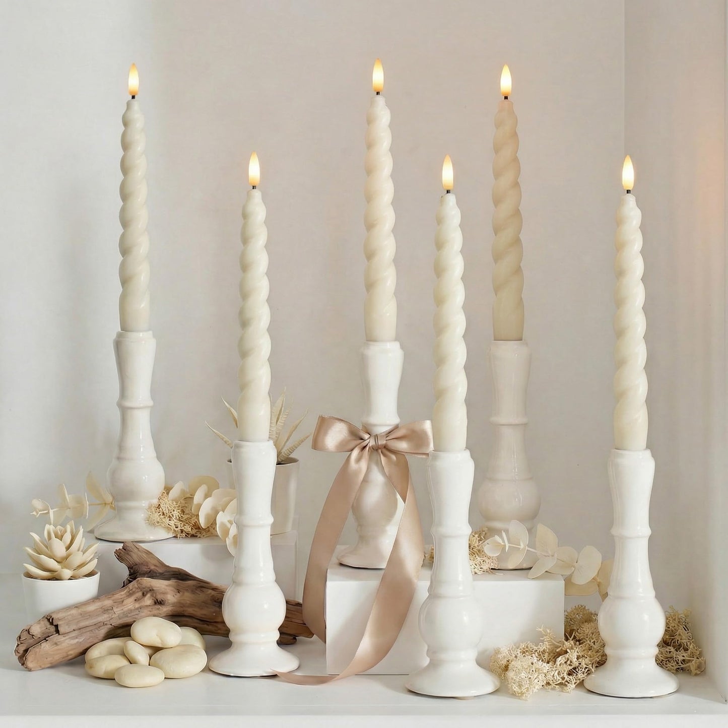 WYZworks 10" Flameless LED Taper Candles – Full Twisted Spiral – Ivory, Set of 6 – Remote, 2/4/6/8-Hr Timer (24-hr Memory), Bottom On/Off Button, Dimmable, Battery Operated, Flicker/Steady