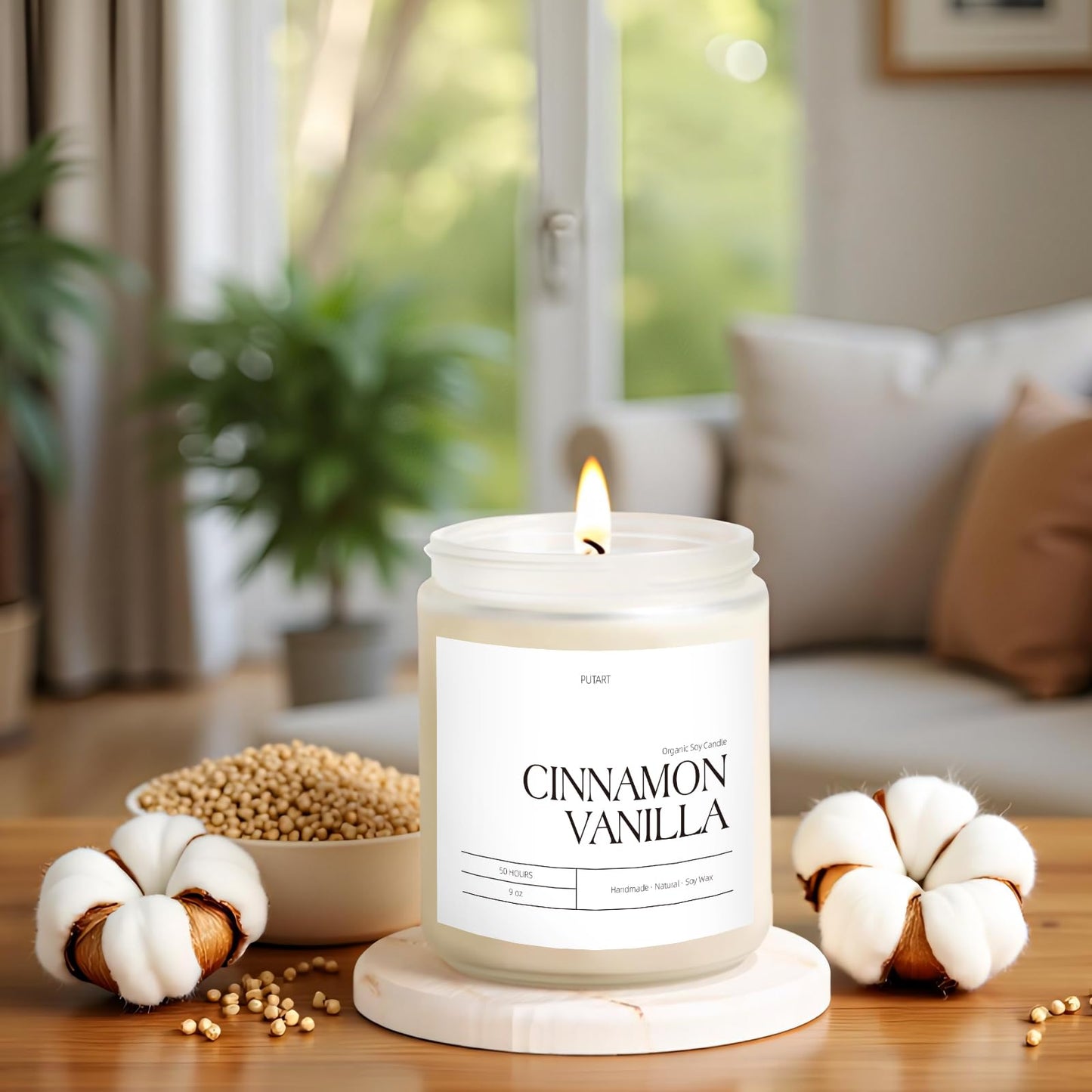 Putart Cinnamon Vanilla Candles for Home Scented, Natural Soy Wax Aromatherapy Non Toxic Heavy Scented Candle with Essential Oil, Home Fragrance Stress Relief Jar Candles Gifts for Women & Men 9oz