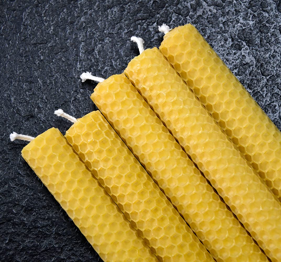 DEYBBY Handmade Beeswax Taper Candles, Dripless Wax Candles, Hand-Rolled Honeycomb Candles for Dinner Party, Set of 6 Flat Top(Brown Raw)