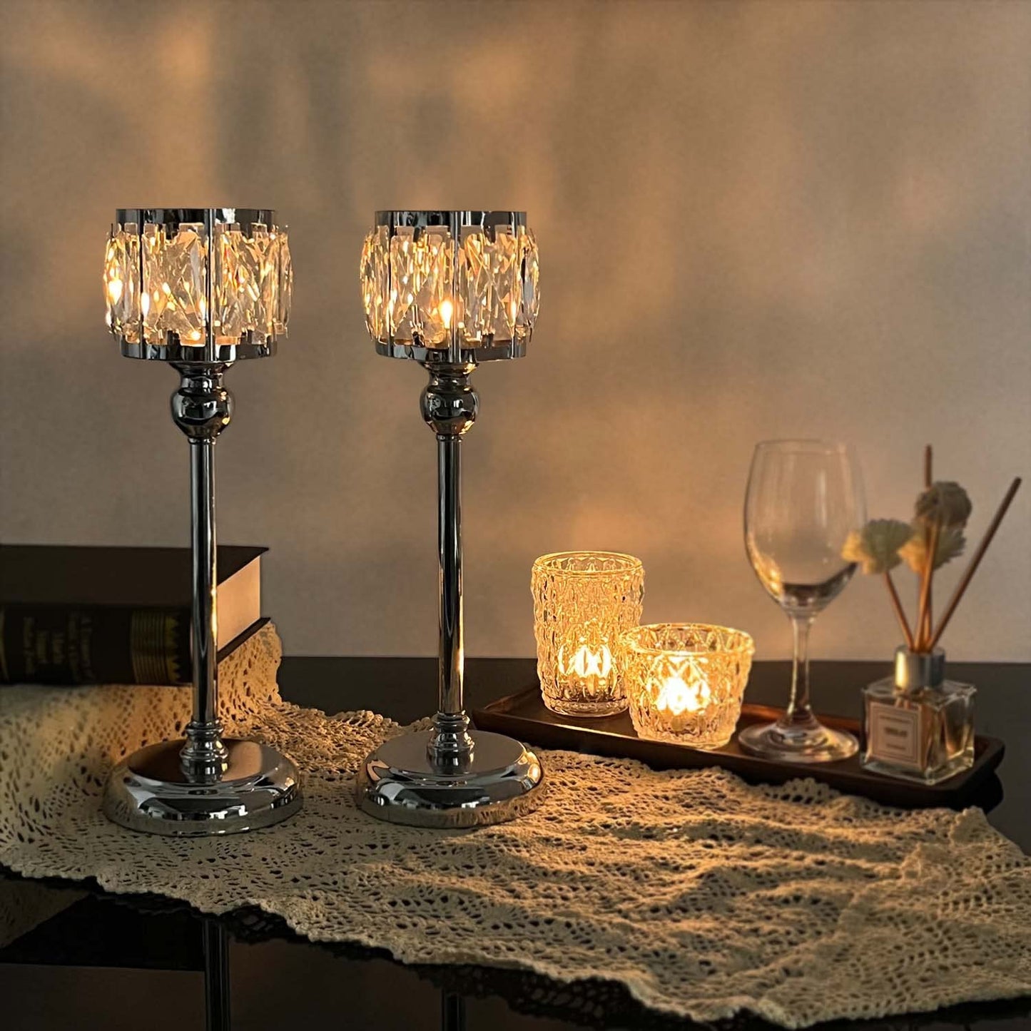 2 Pcs Crystal Bowl Tealight Candelabra Votive Candle Stand, Wedding centerpieces for Tables Crystal Candlestick,Centerpiece Table Decorations (Silver 2PCS)
