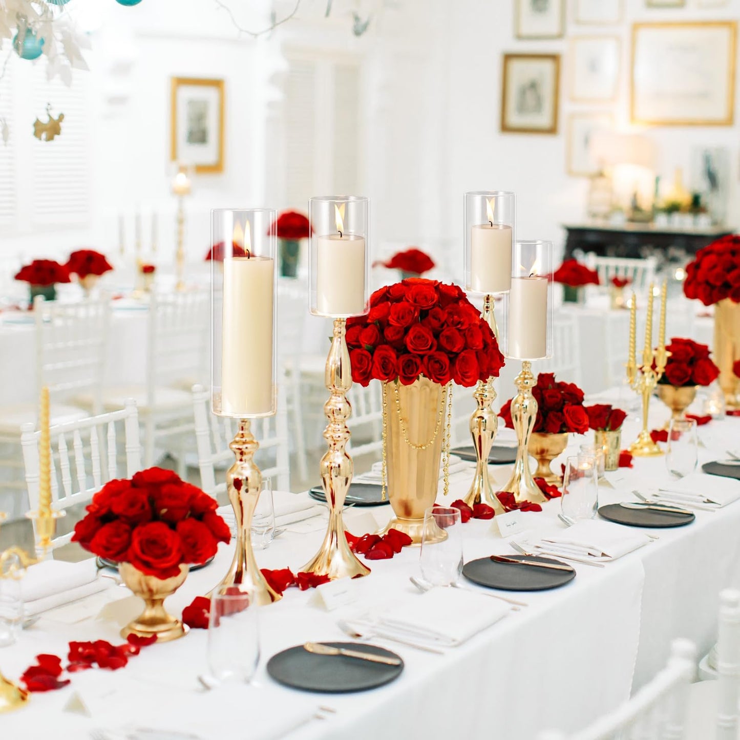 Shihanee 36 Pcs Pillar Candles and Glass Cylinder Vases Tall Cylinder Holders for Pillar Candles Wedding Centerpieces, Total 18 Sets(2.6'' X 4.7'', 5.9'', 7.9'',Clear,Ivory)