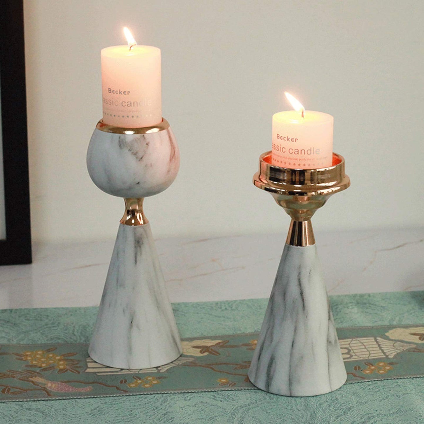 XILIN-1987 Candle Holderss Modern Wrought Iron Candle Holder Imitation Marble Metal Candlestick, Decorative Candlestick Holder for Wedding, Dinning, Party (Pack of 2) Decorative Candlestick