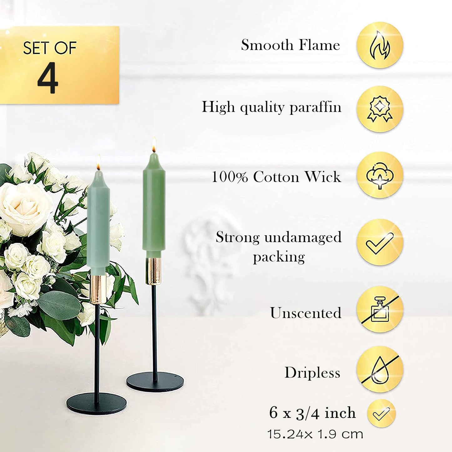 LPUSA Short Taper Candles 6 inch Candle Sticks Unscented Dinner Candle Dripless for Home Decor,Set of 4,Gradient Green