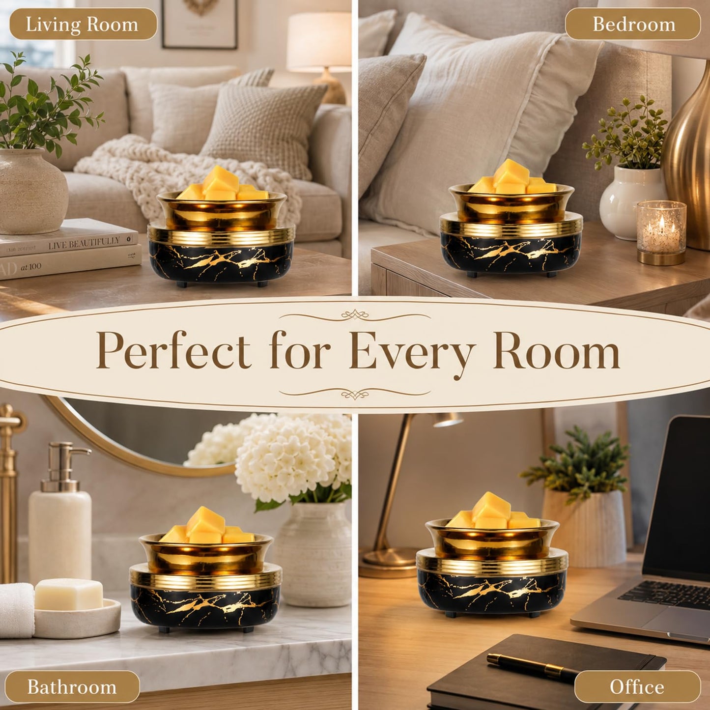 Mocosa Ceramic Wax Melt Warmer 3-in-1 Candle Warmer Electric Wax Warmer for Scented Wax Melter Burner for Home,Office, for Mom Women(Black Gold)