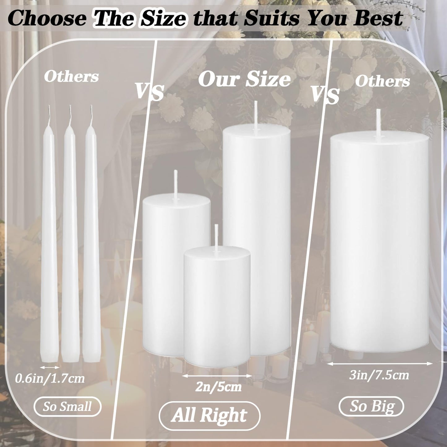 Trxvxo White Pillar Candles Bulk Set of 36,Hurricane Candles,3 Different Lengths 2 x 3/6/8 Inch (12 Each),Dripless Unscented Smokeless,Gives You a Better Atmosphere When Organizing an Event Party.