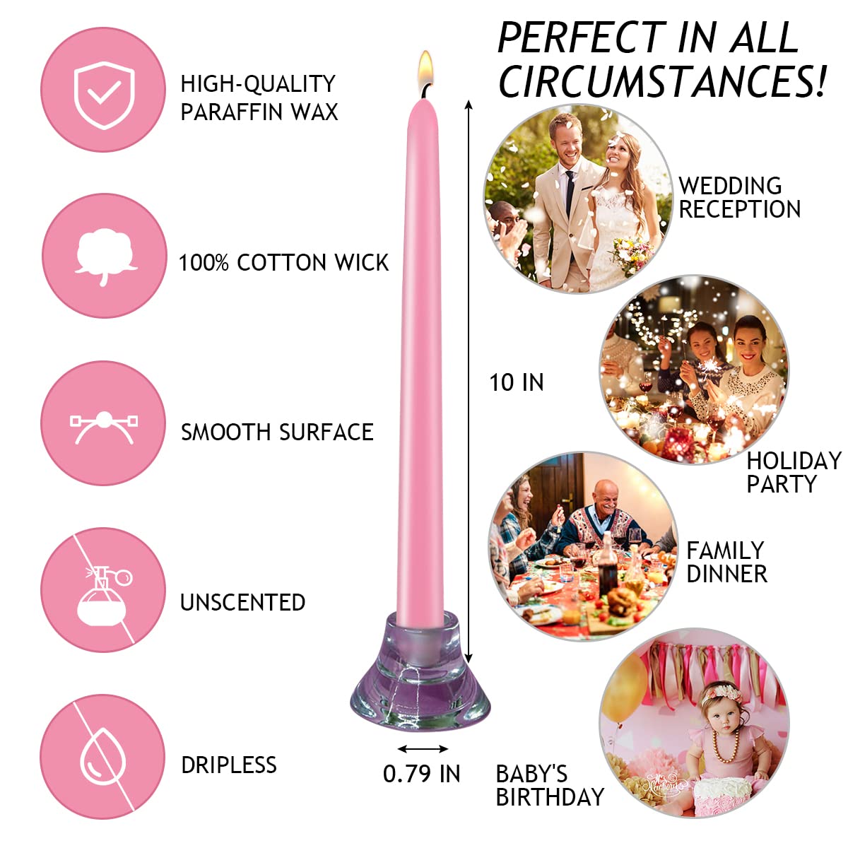 10 inch Cone-Shaped Candle, Set of 24 Smoke-Free, drip Free Wax, Long Burning, Used for Home Decoration, Churches, Celebrations, Parties (Pink)
