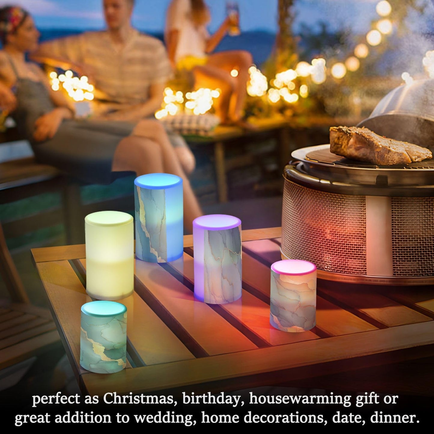 Zathe Flameless Flickering Candles Remote Led Pillar Candles for Decorations Marble Green Orange