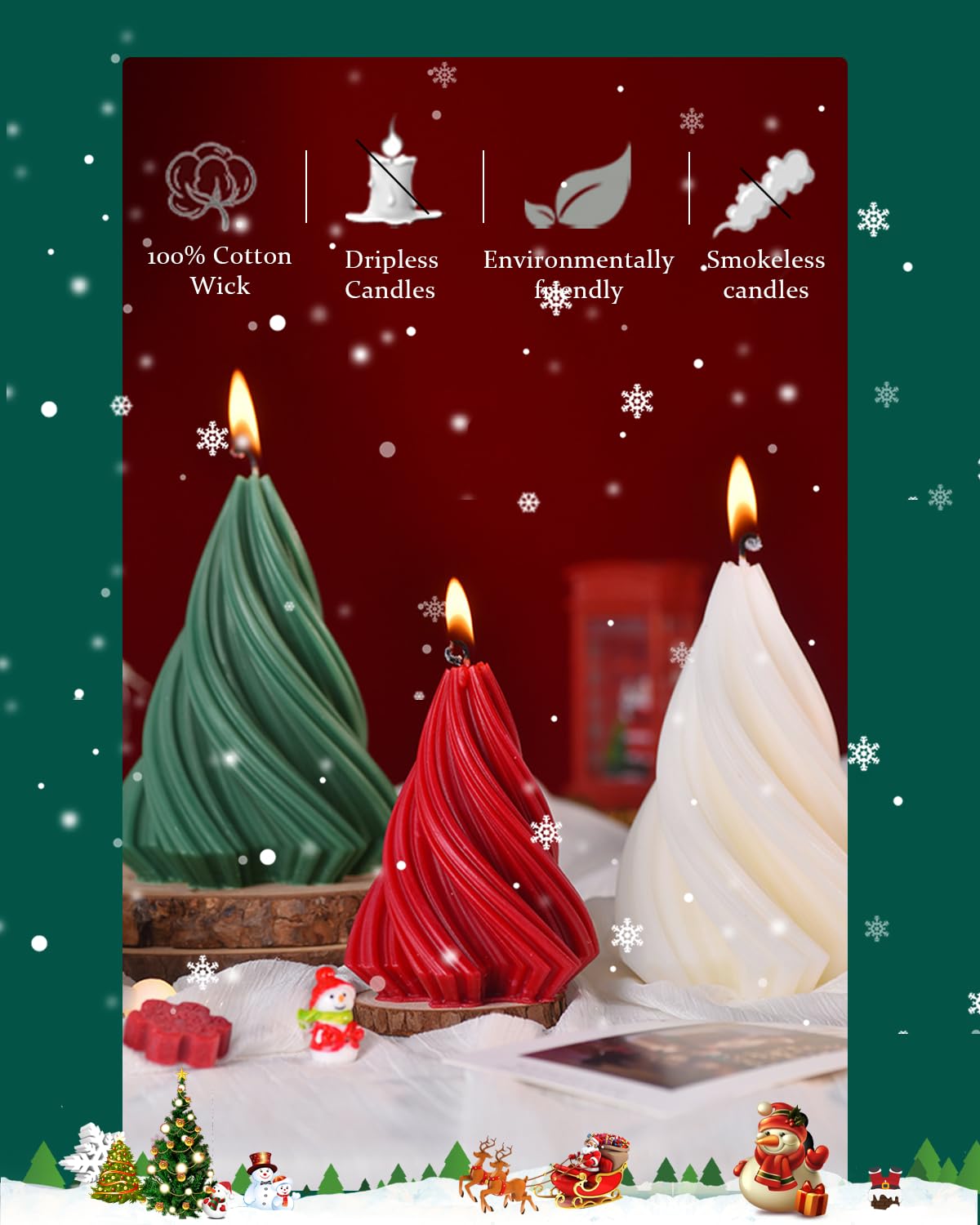 Christmas Tree Candle Spiral Pillar Candles Scented Soy Wax,Christmas Table Decor,Winter Centerpieces,Fireplace Mantel, Seasonal Home Decor,Set of 3,Green
