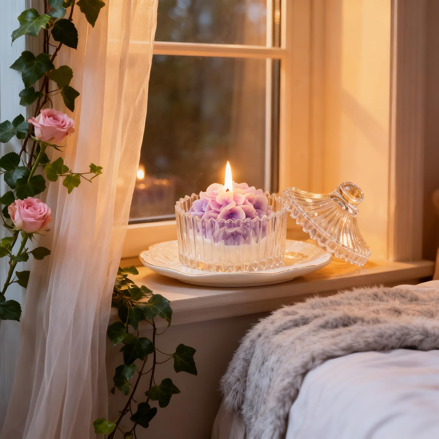 Hydrangea Flower Scented Candle in Glass Jar,230G Realistic Purple Flower Design,Natural Soy Wax Essential Oils Aroma Decorative Candle for Valentine's Day,Motherâs Day Gift & Aesthetic Spaces