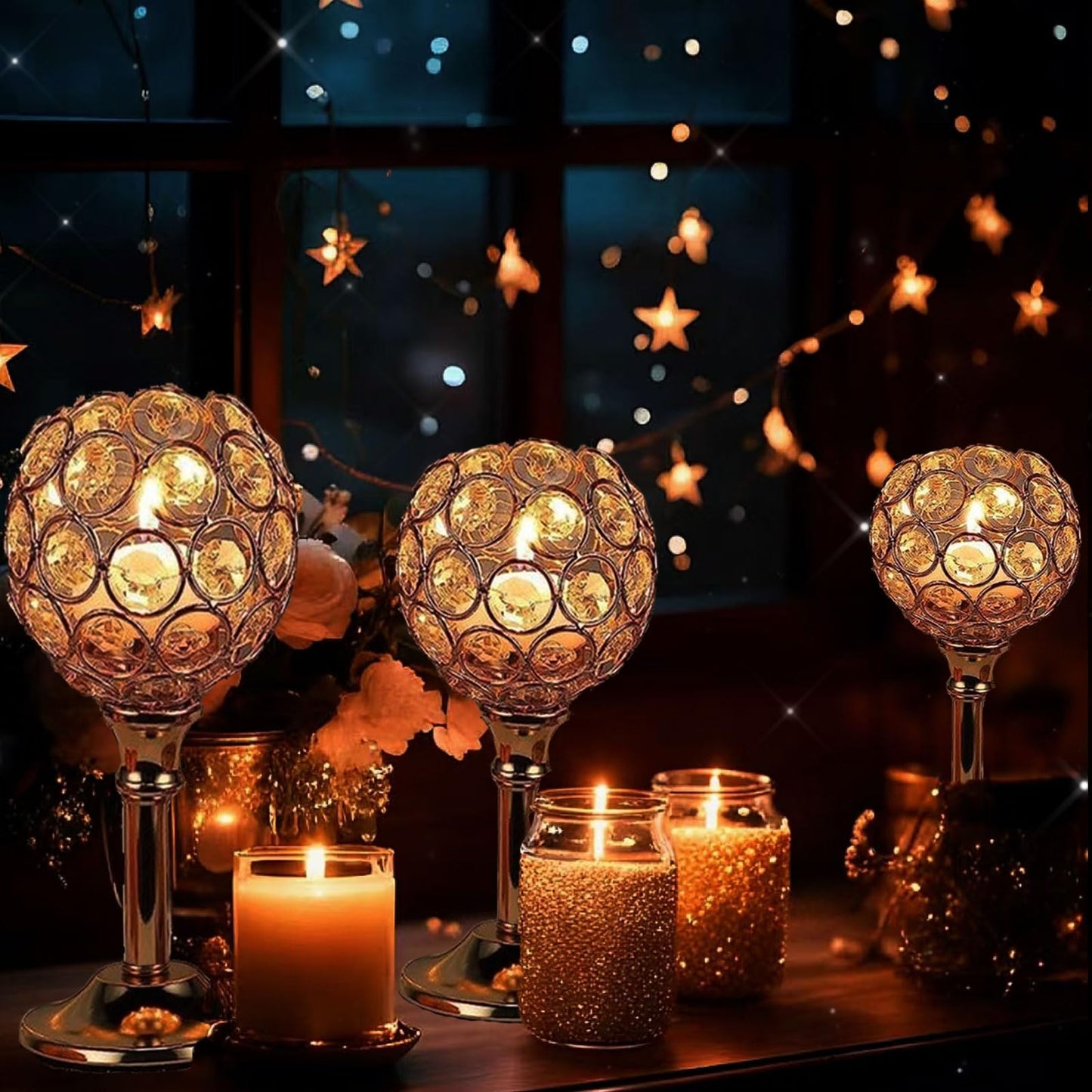 HearthLume Candle Holder Candlestick Holders- 1Set Gold Crystal Pillar Candle Holders,Metal Candlestick Stands for Wedding Centerpieces,Table Decor for Church,Valentine's Day Housewarming Gift,3Pcs