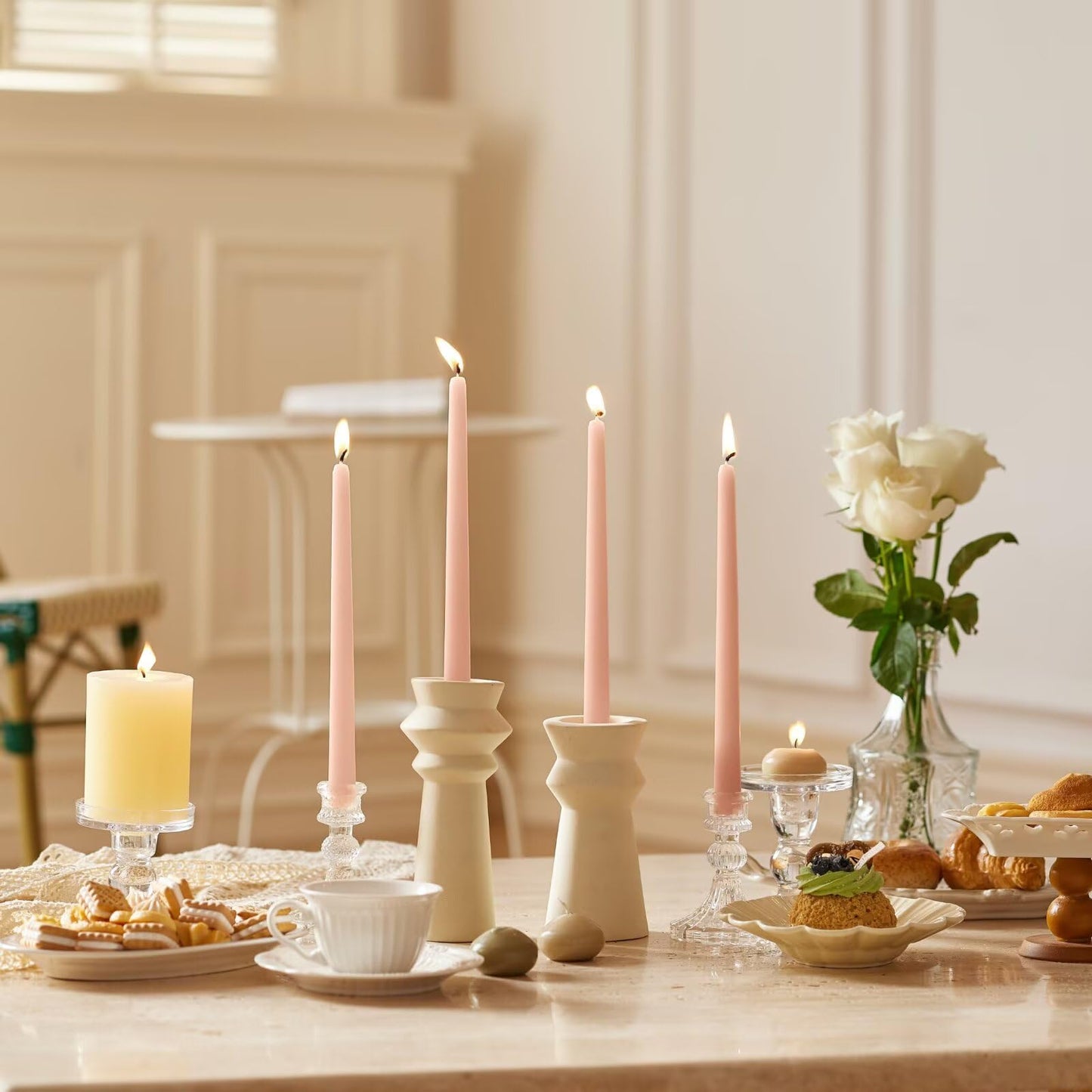 Pickood 10-Inch Tall Dripless Taper Candles Set of 4 - Pearl Pink Tapered Candles, Perfect for Christmas - Smokeless, Unscented, Long Burning - Hand Poured, Colored Tall Candlesticks - Rosa Perla