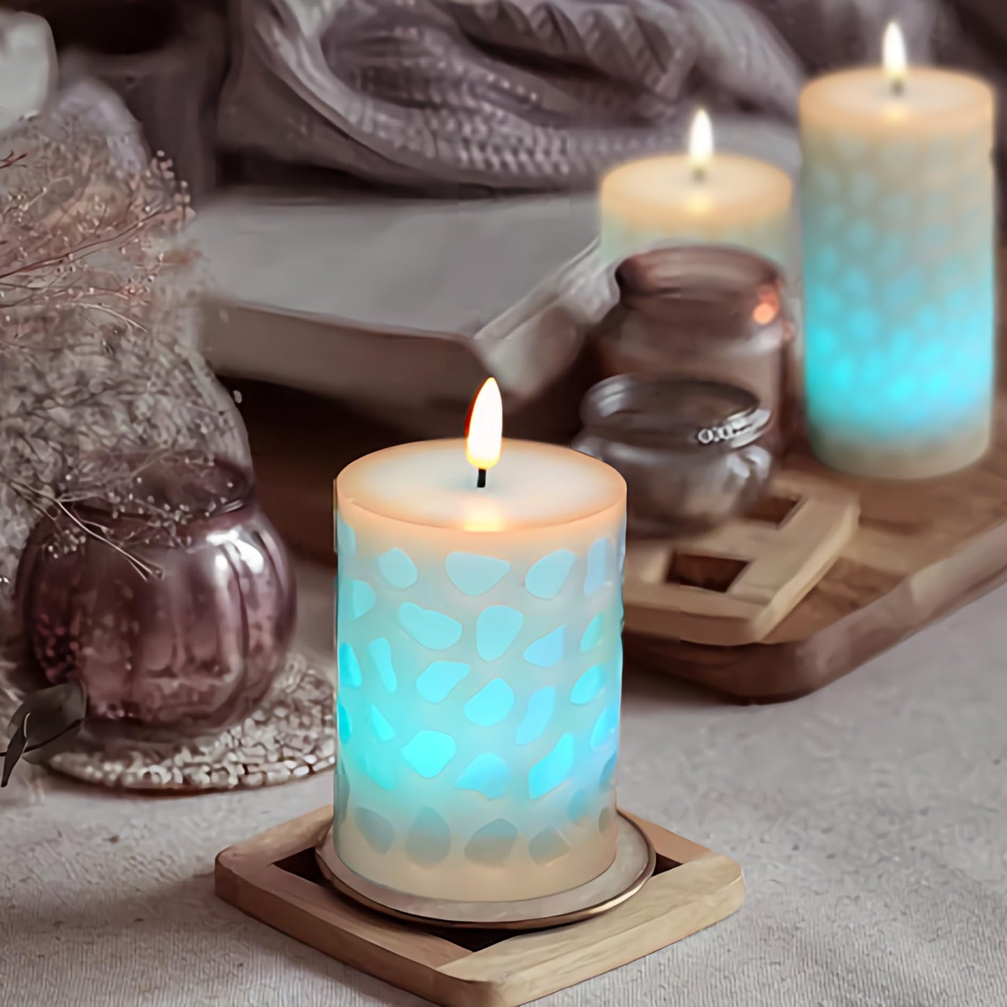 NICEME 3PCS LED Multi Colored Flameless Candles Pillar Battery Operated Flickering 3D Wick Flame Color Changing Candles with Remote Control Carving Real Wax Electric Fake Candles, D3β x H4β 5" 6"