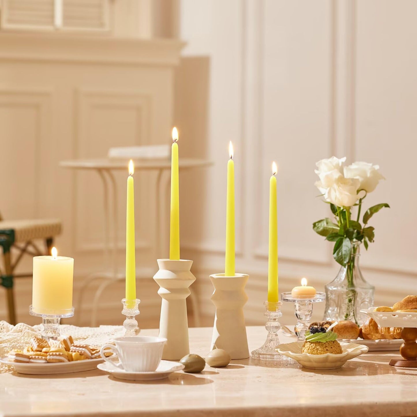 Pickood 10-Inch Tall Dripless Taper Candles Set of 4 - Yellow Tapered Candles, Perfect for Spring - Smokeless, Unscented, Long Burning - Hand Poured, Colored Tall Candlesticks - Light Yellow