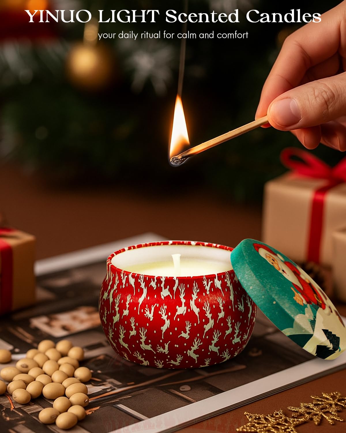 Christmas Candle Gift Set for Women, 4 Pack Long Lasting Soy Wax Candles with Lavender, Cookie, Fir & Cinnamon Apple Scents, Aromatherapy Candles for Home, Perfect Holiday Gifts