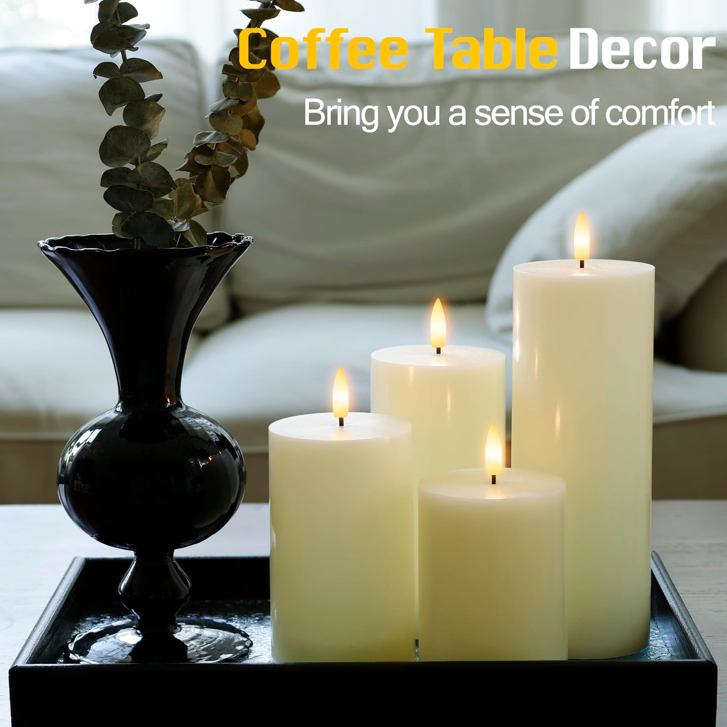 JOIONE Flameless Pillar Candles with Remote Set of 4, Real Wax LED Battery Operated Candles, Safe Home Dรฉcor for Living Room, Bedroom, and Dining Table, Ivory