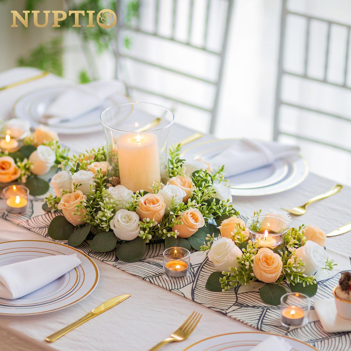 NUPTIO Small Flower Rings for Centerpieces: 9.05 Inch Champagne & White Candle Wreath 10 Pcs for Wedding Party Christmas Table Decorations - Spring Summer Front Door Porch Decor