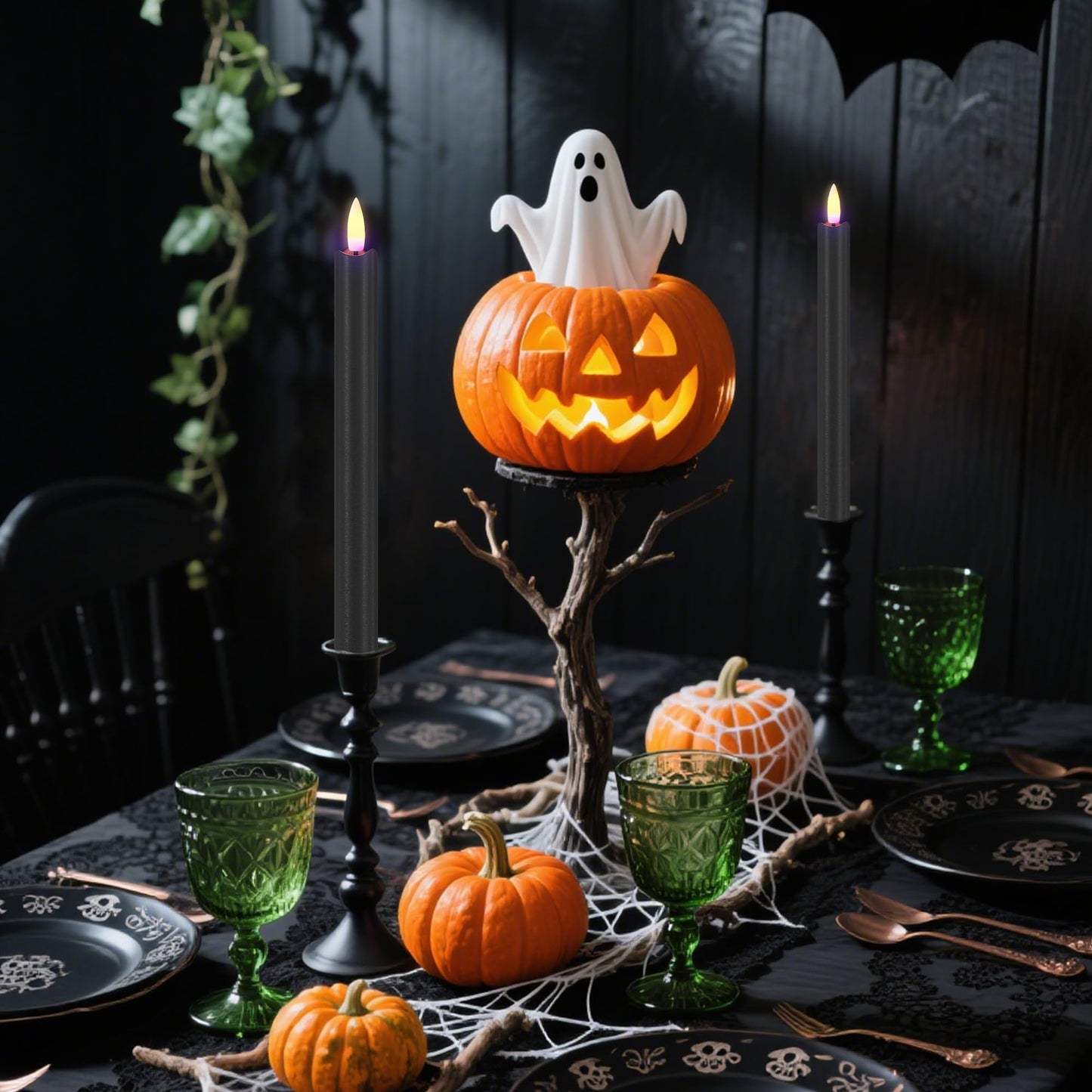 SHENSY Black Flameless Taper Candles, Set of 3 โ 9.64" LED Candlesticks with 3D Flickering Flame, Real Wax Battery Candles with Remote and Timer โ Elegant Halloween Window and Table Decor