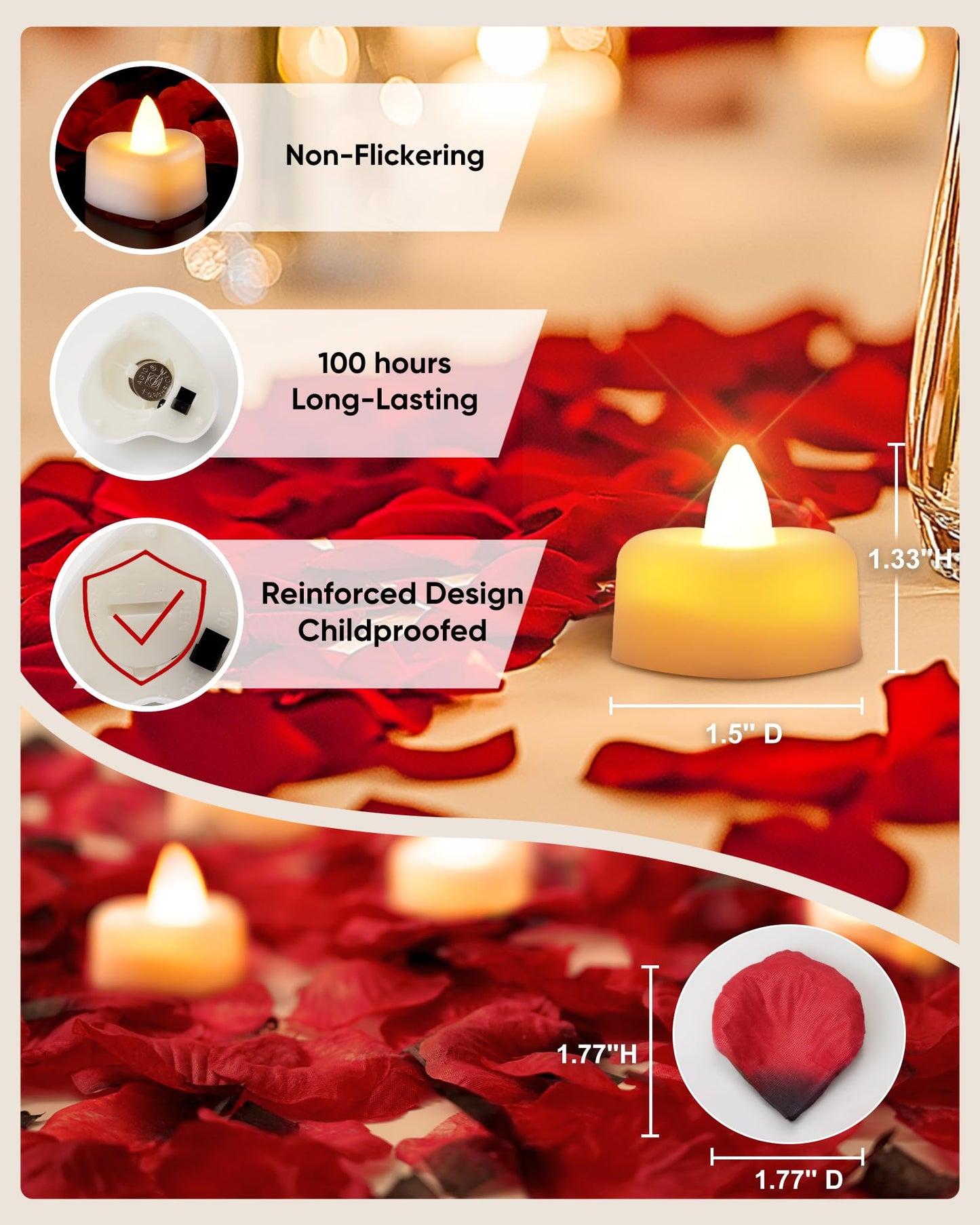 Amagic 4000 Pieces Artificial Rose Petals with 50 Heart LED Tea Lights Candles Kit, Rose Petals and Candles Set for Proposal, Anniversary, Special Romantic Night, Wedding Table Decor