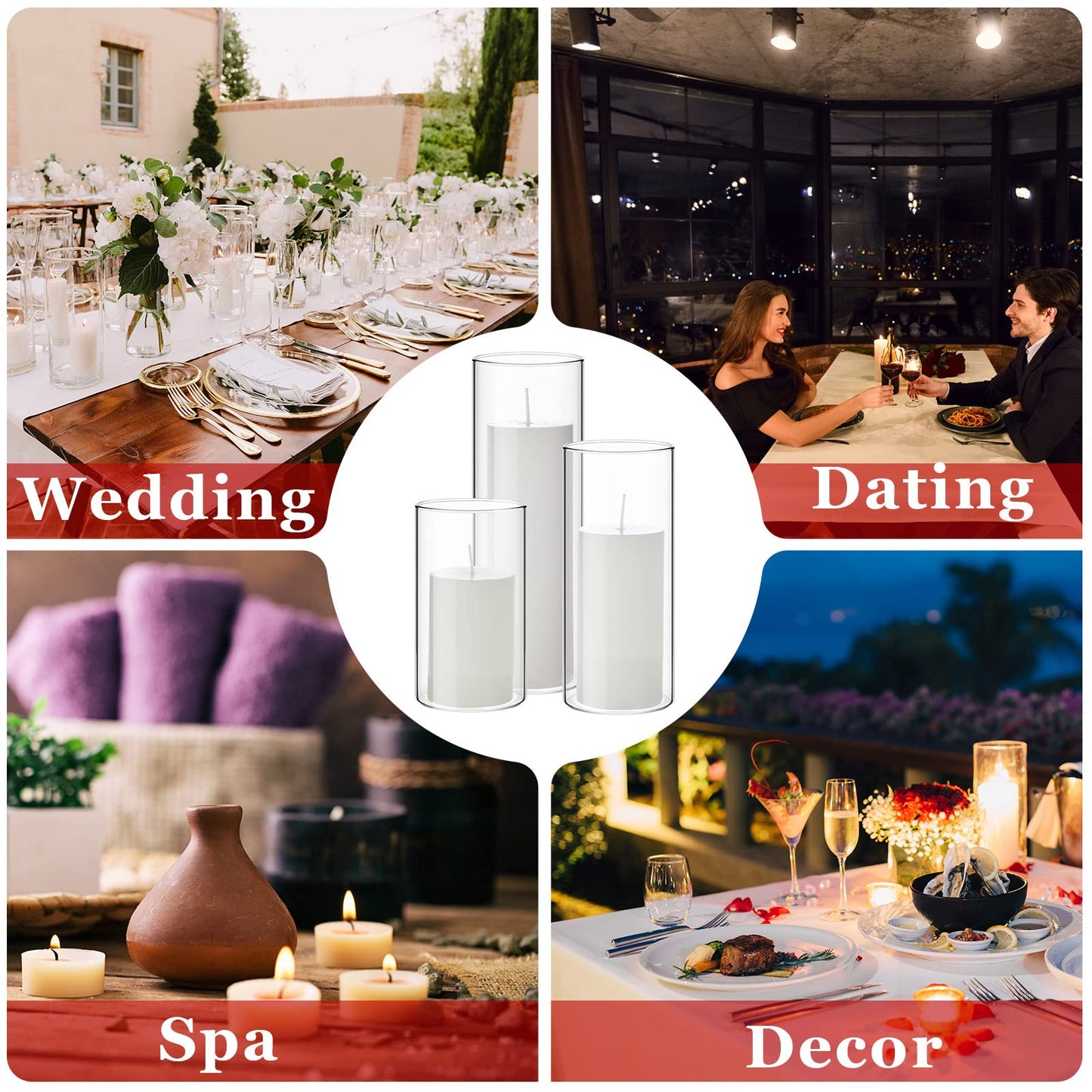 Shihanee Set of 6 Pillar Candles with Glass Cylinder Vases Clear Cylinder Hurricane Candleholders for Slim Tall Pillar Candles Wedding Table Centerpieces(2.6'' X 4.7'', 5.9'', 7.9'',White)