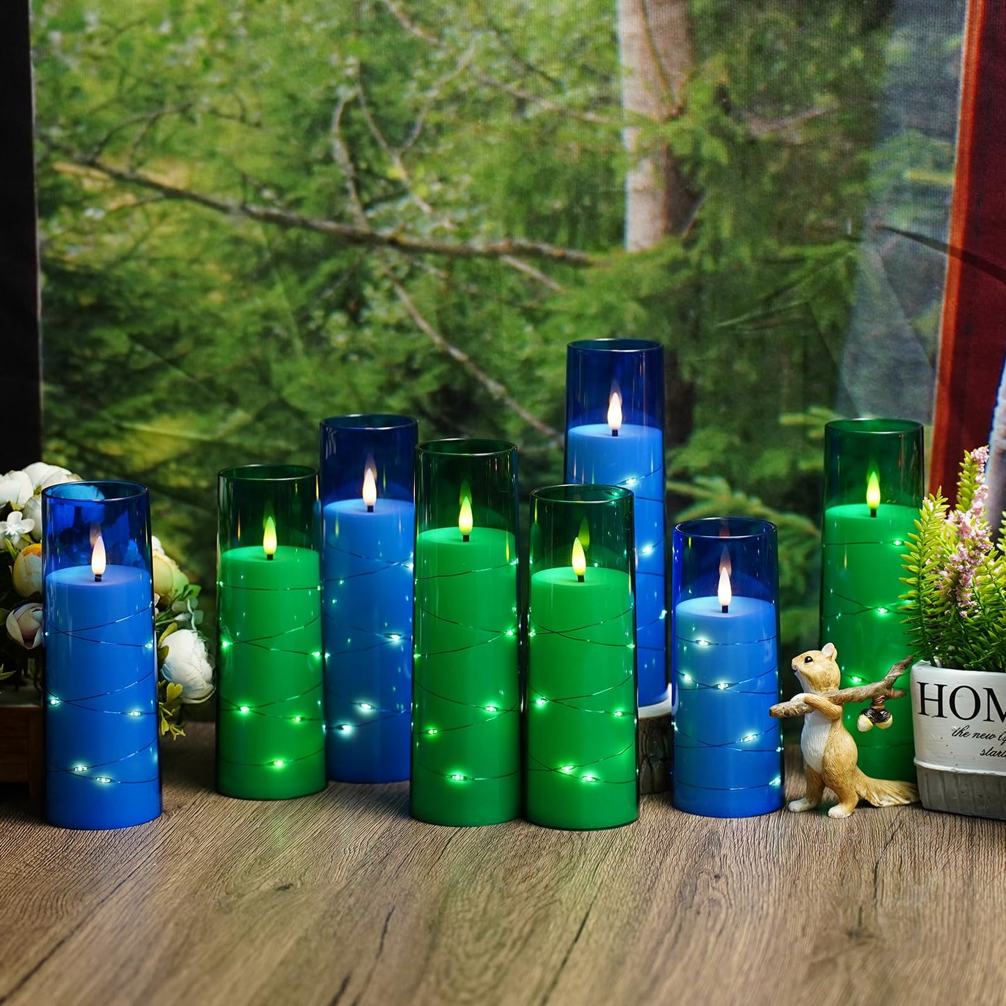 Eebuss Flameless Candles with Embedded Star String, Battery Operated LED Pillar Candles with Timer and Remote Control,Home Decorating for Ambiance, Set of 7 (Blue)