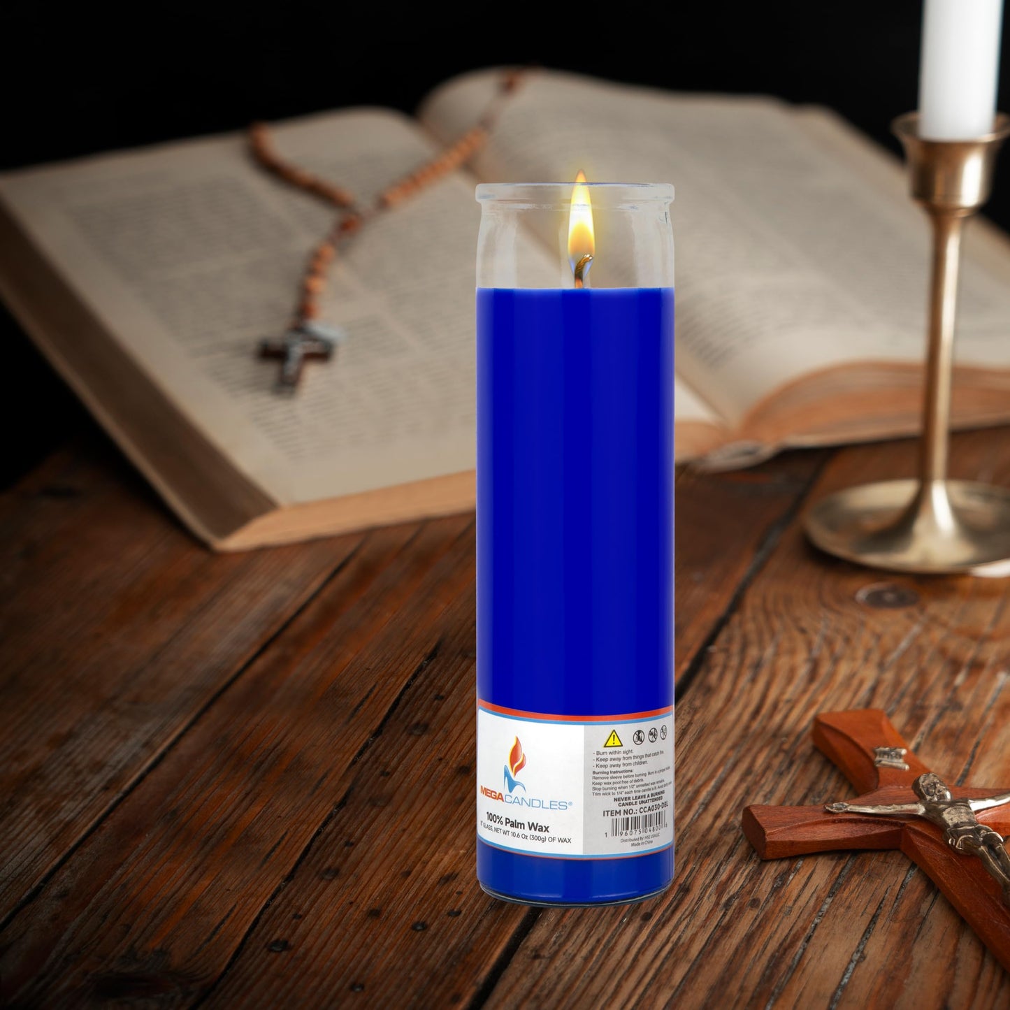 Mega Candles 3 pcs Unscented Blue Glass Container Devotional Prayer Candles, Shortening Wax Candle 2 Inch x 8 Inch, Sanctuary, Vigils, Prayers, Spiritual, Blessings, Religious, Altar, Remembrance