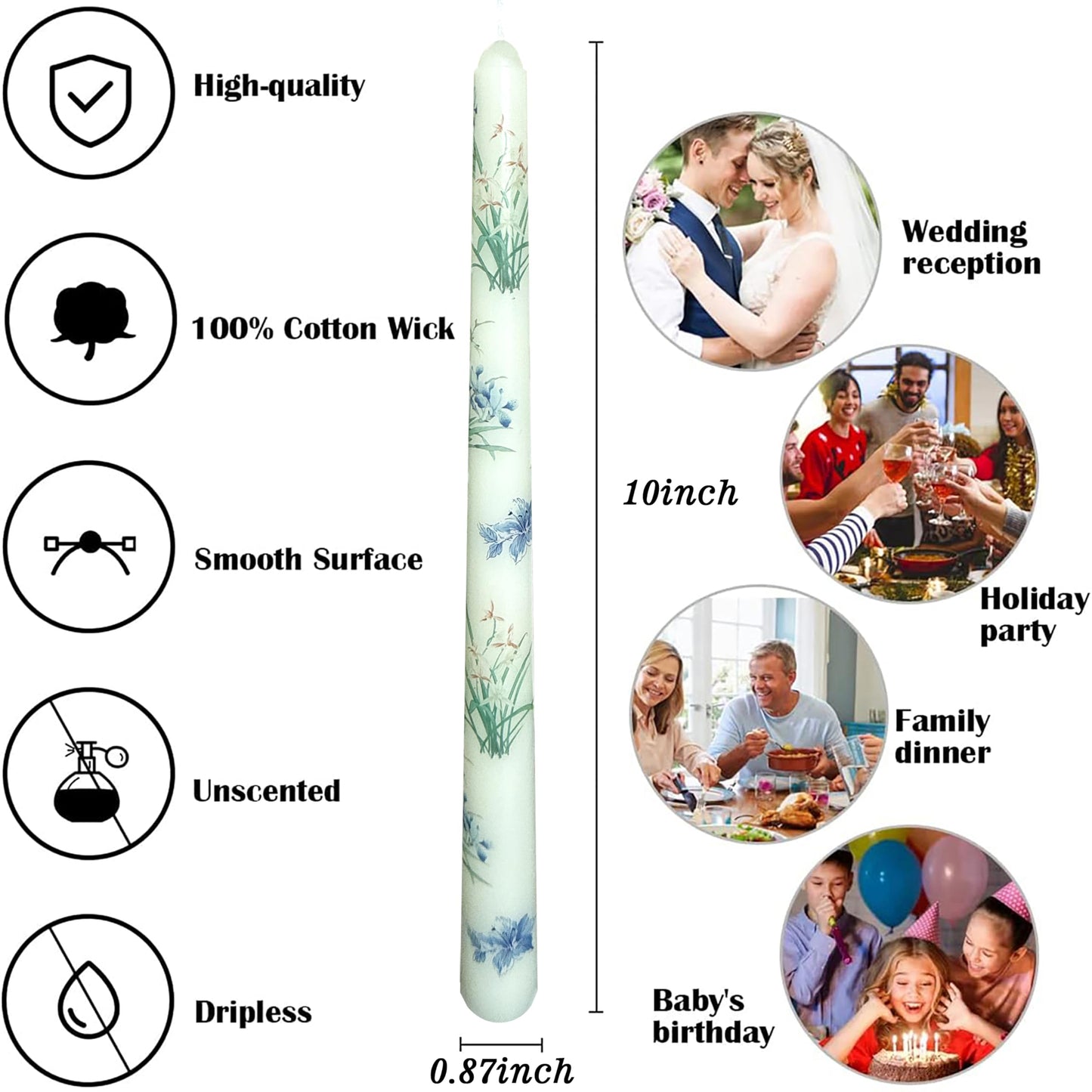4-Pack Printed Taper Candles Unscented - Dripless & Smokeless 7-Hour Burn - 10" Hand-Poured Candles with Orchid Design for Dining, Weddings (White/Pastel Yellow/Pink/Blue)