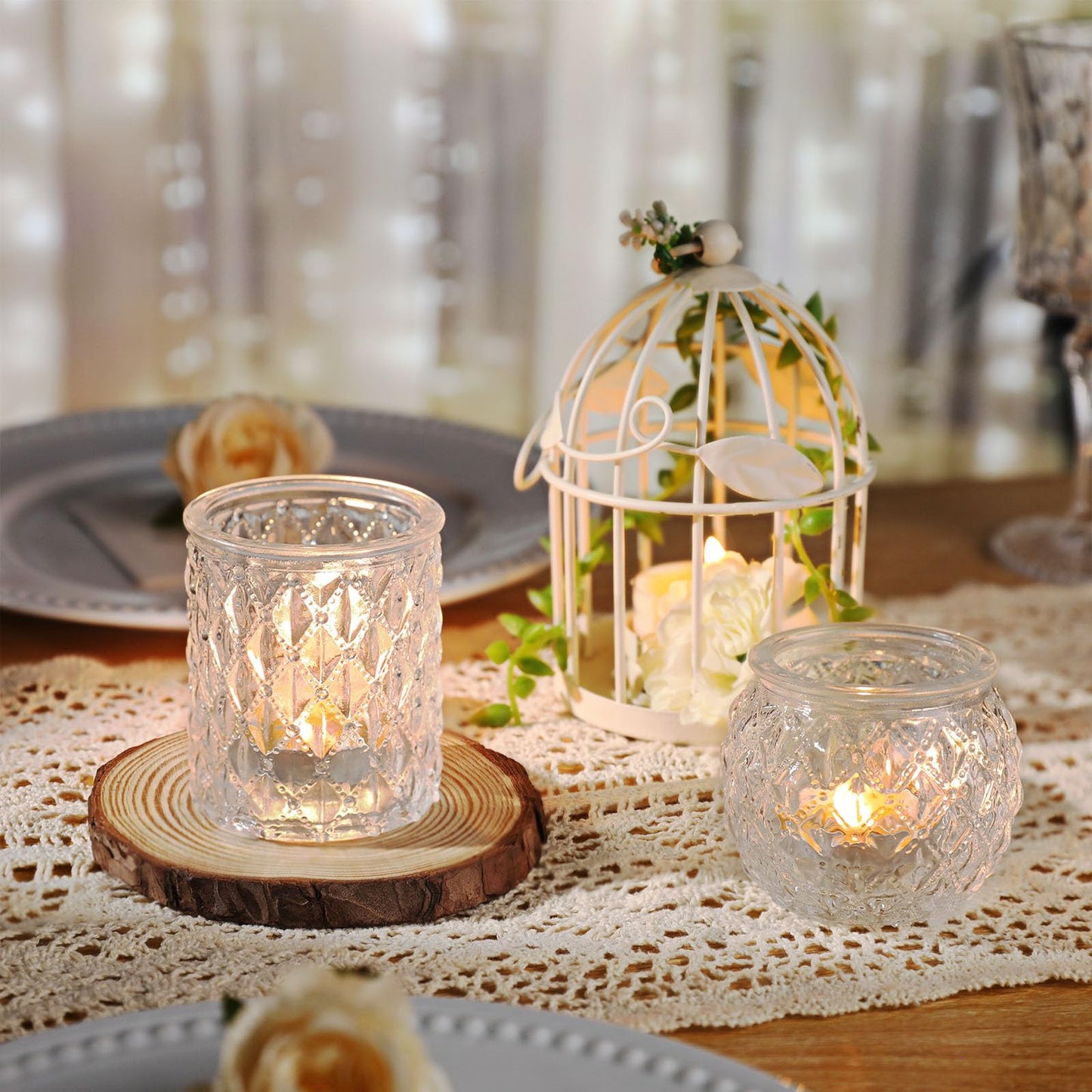 DARJEN Clear Votive Candle Holders Set of 24- Round Glass Candle Holders Bulk for Tea Light Candle, Embossed Candle Votives for Wedding Centerpiece, Various Parties & Home Decor (Pack of 4)