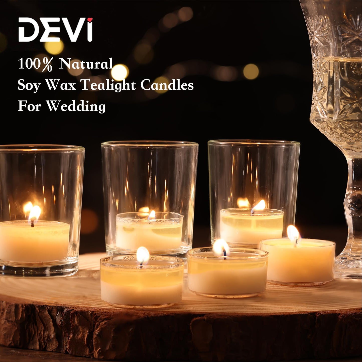 DEVI 6 Hour Soy Tea Lights Candles Bulk 100 Pack, Soy White Tea Lights Bulk-6 Hours Long Burning, Unscented Small Votives Bulk for Wedding, Party Centerpieces