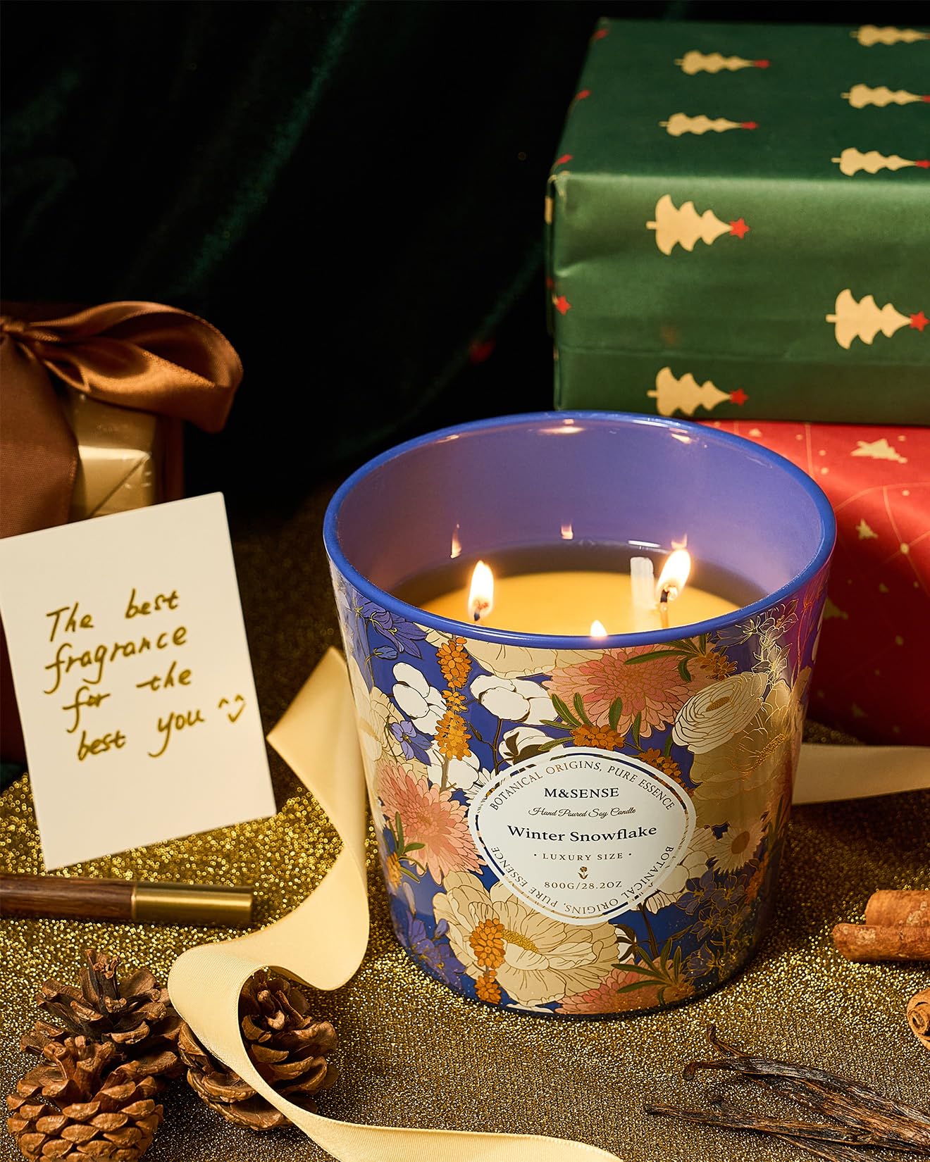 M&SENSE Winter Snow Flake Scented Candle, 28.2oz 3 Wick Natural Soy Wax Large Candles, Long Lasting Clean Slow Burning No Toxic Décor for Home Relaxation, Romantic Dates & Gift-Giving