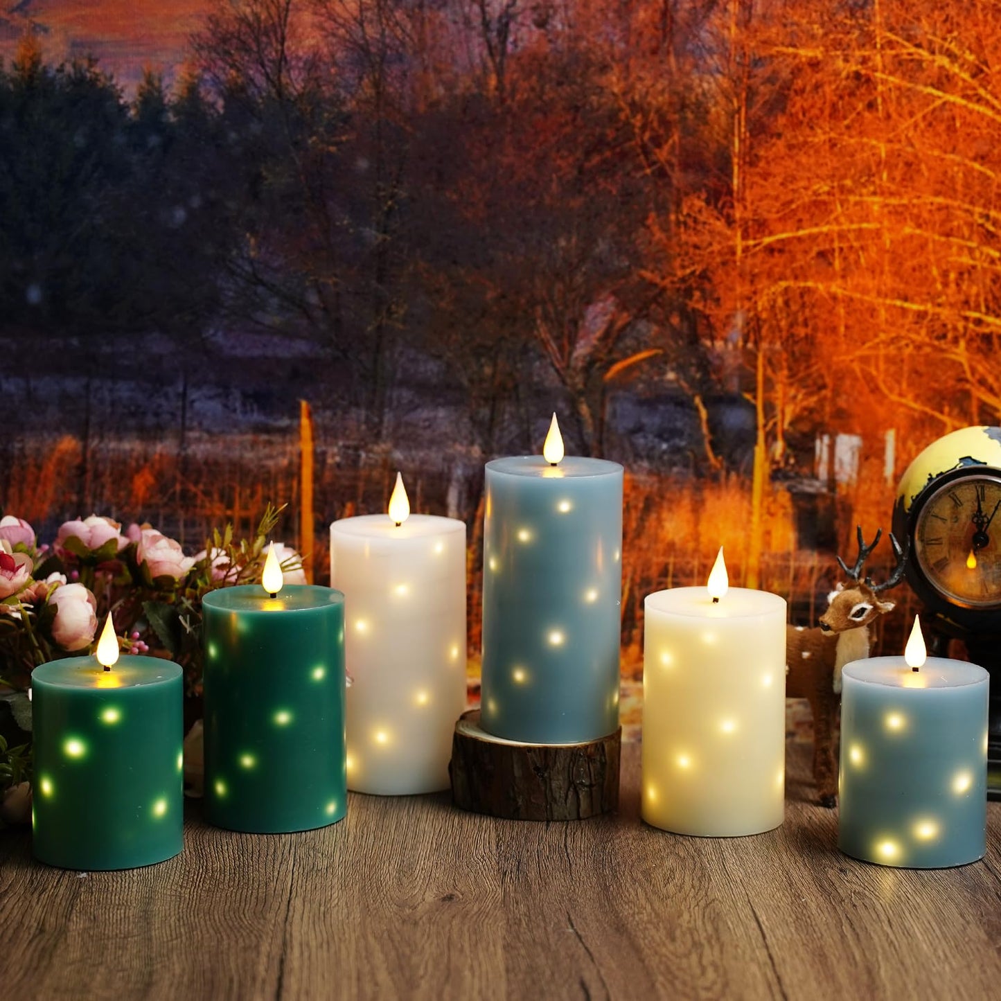 JINYANIA Flameless Candles with Embedded Star String, Real Wax Battery Operated Candles with Remote Timer, Flickering Pillar LED Candle Set for Home Decor Romantic Ambiance (Ivory)